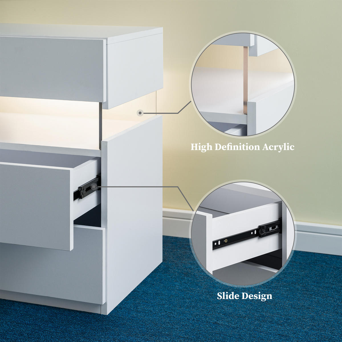 LED-NACHTTISCH 3 Schubladen – Side Table mit Acrylplatte, Beleuchtet, Schlafzimmer & Wohnzimmer, Nachtschrank, Weiß - Weiß, Holz (38/61/48cm) - Ej. Life