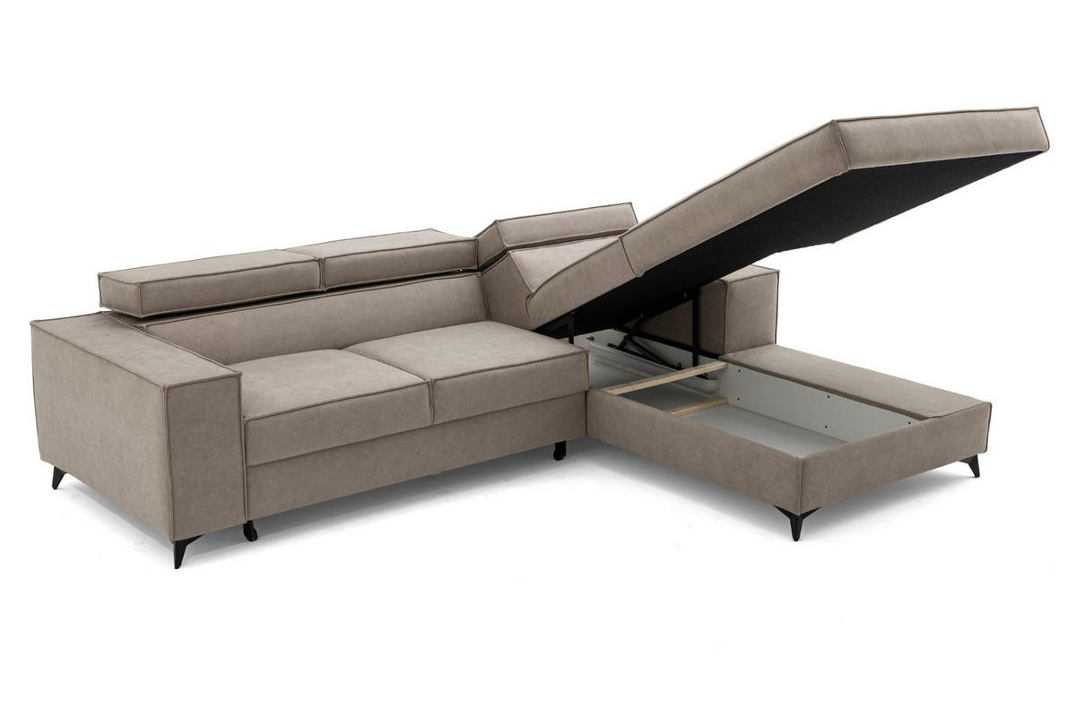 ECKSOFA PURE S Rechts mit Schlaffunktion 127x215 Velours Creme - Creme/Schwarz, Holz/Textil (204/281cm) - Muffo