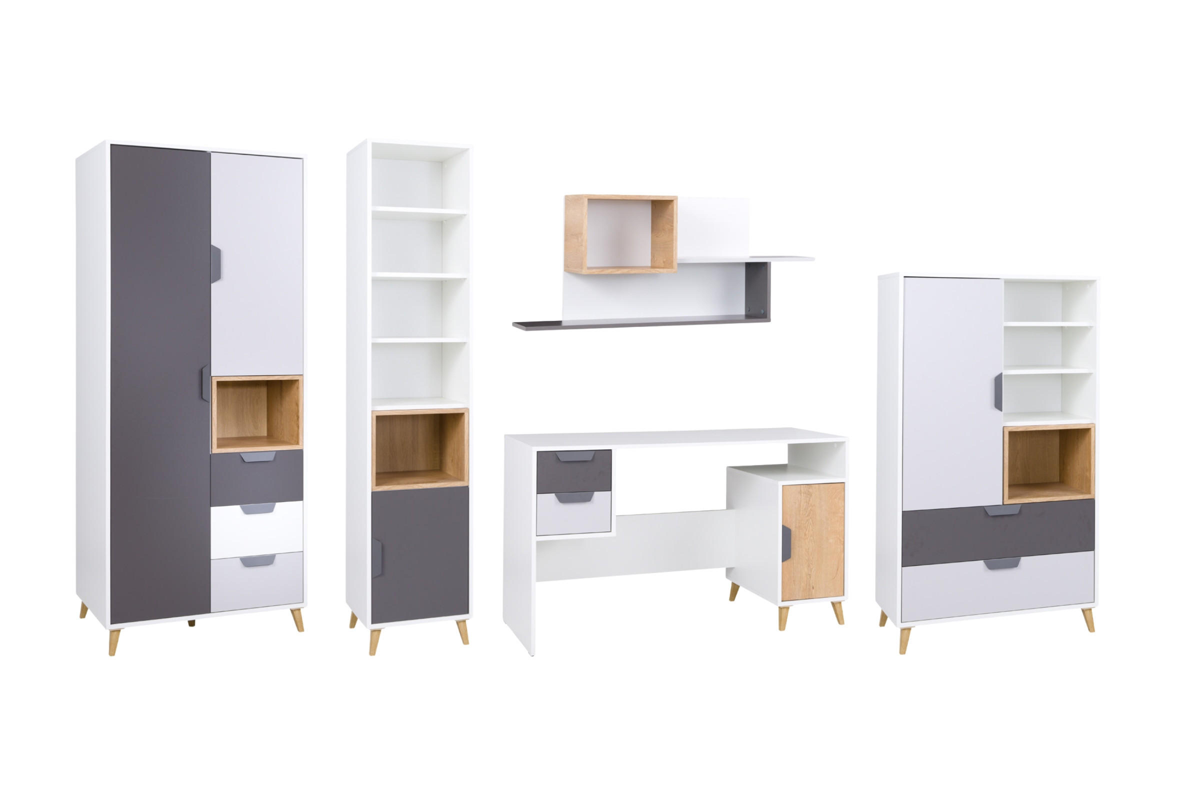 JUGENDZIMMER-SET JUSTIN F 5-teilig in Weiß / Graphit / Grau / Eiche - Eichefarben/Graphitfarben, Holzwerkstoff (331/190/76cm) - Deine Möbel 24