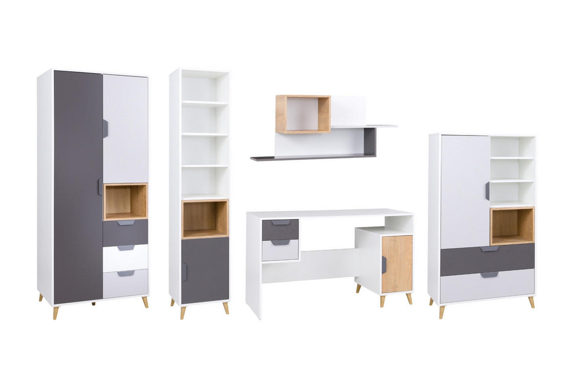 JUGENDZIMMER-SET JUSTIN F 5-teilig in Weiß / Graphit / Grau / Eiche - Eichefarben/Graphitfarben, Holzwerkstoff (331/190/76cm) - Deine Möbel 24