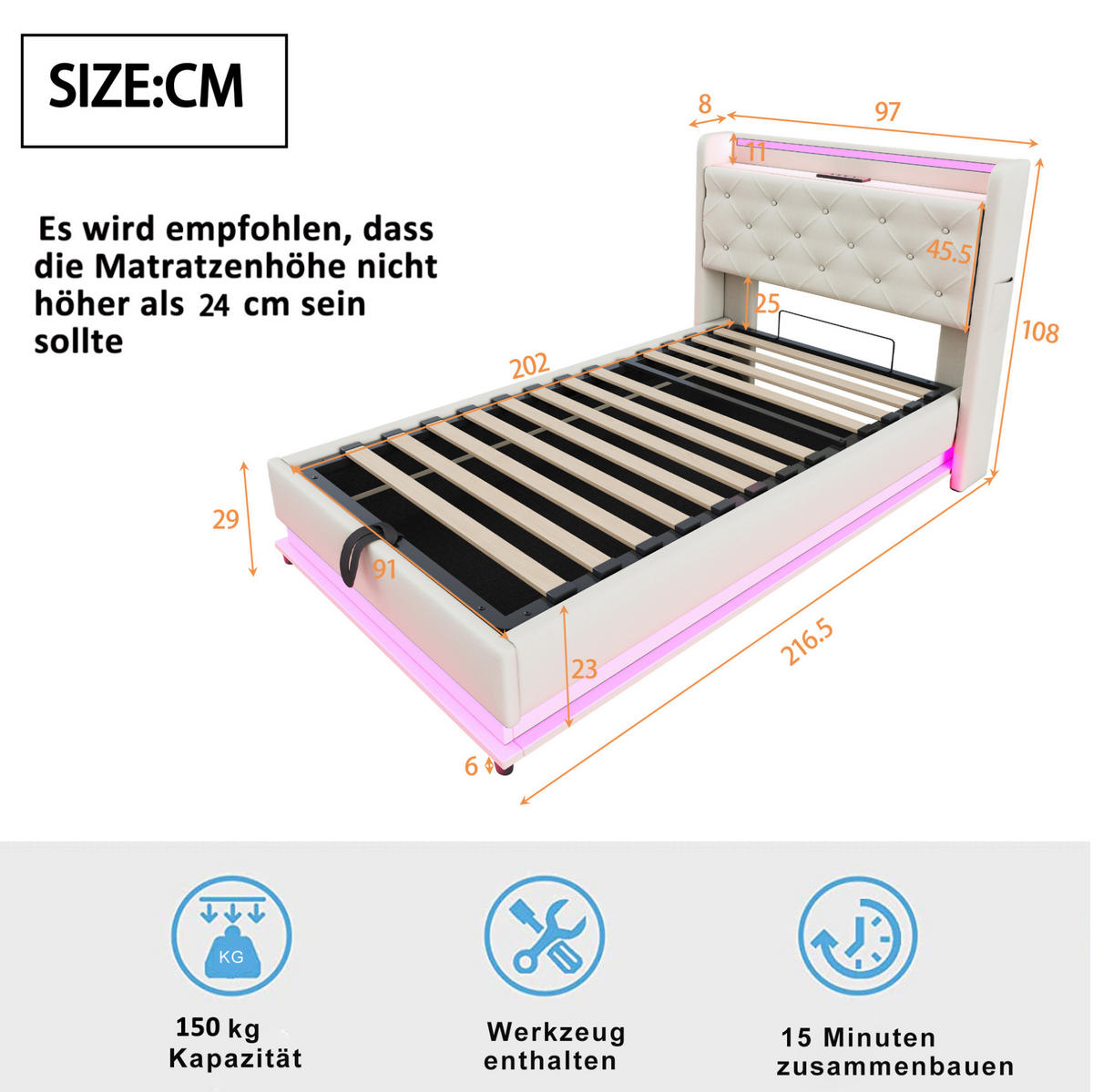 DETSKÁ posteľ 216,5/97/108 cm béžová s LED osvetlením, USB a úložným priestorom z ľanovej tkaniny - béžová, textil (90/200cm) - OKWISH