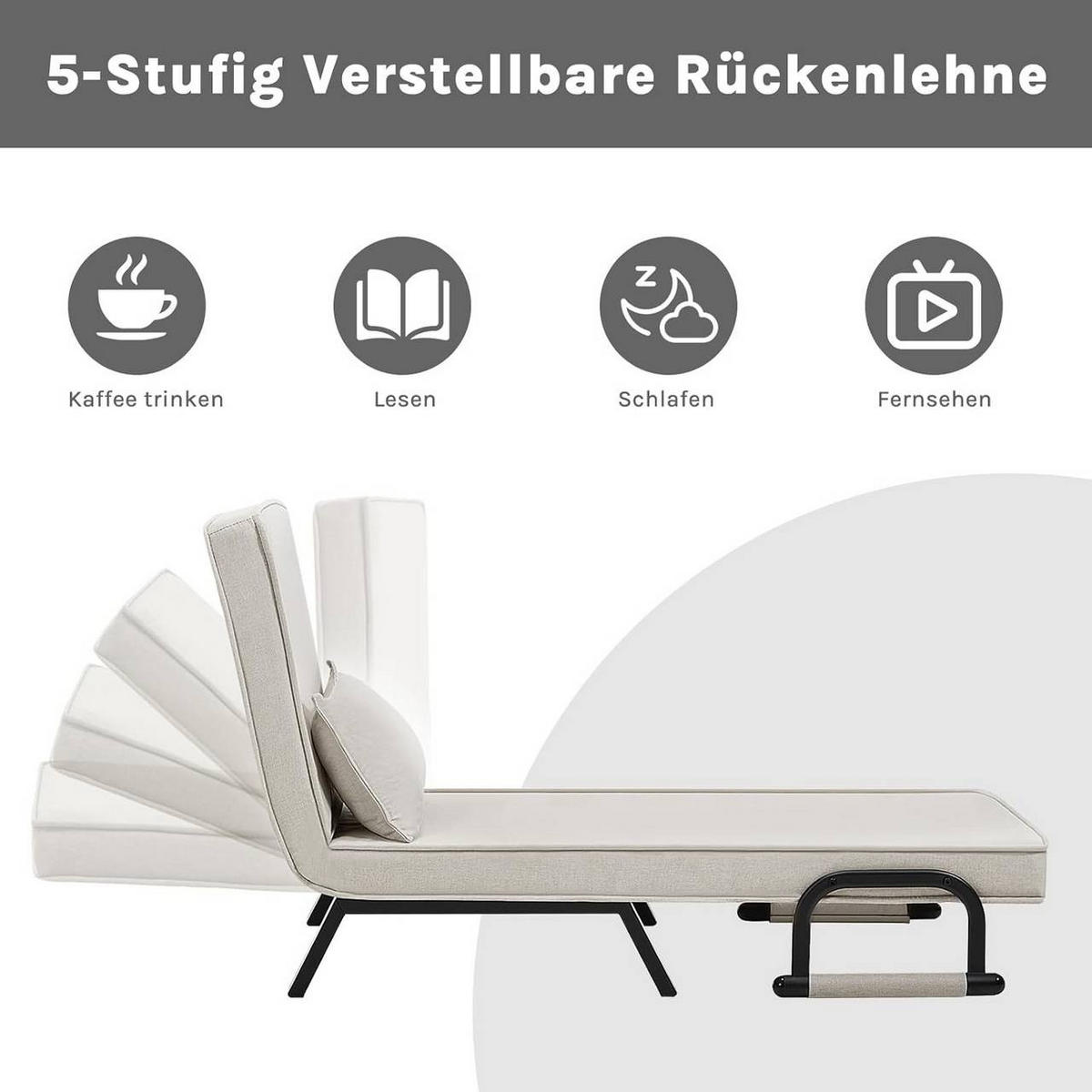 SCHLAFSESSEL 3 in 1, mit Verstellbarer Rückenlehne, Leinen Beige - Beige/Schwarz, Textil/Metall (65/78/75cm) - Woltu