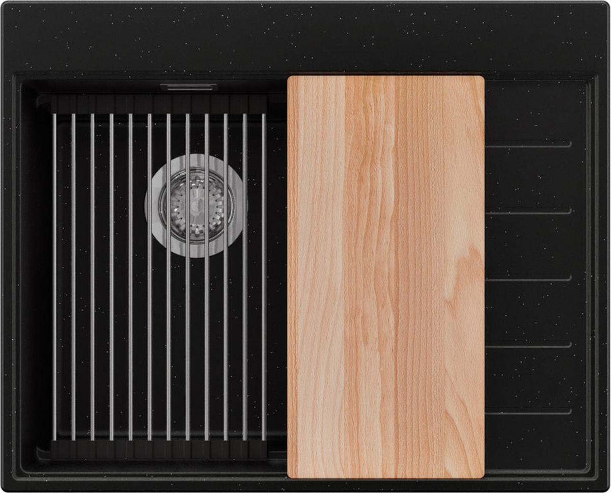 SPÜLBECKEN Sydney, 2-er set Schwarz Metallic 62/50 cm 1 Becken + Ablauf-Set + Küchenzubehörset ab 40er Unterschrank - Chromfarben/Schwarz Hochglanz, Kunststoff (62/20/50cm) - Primagran