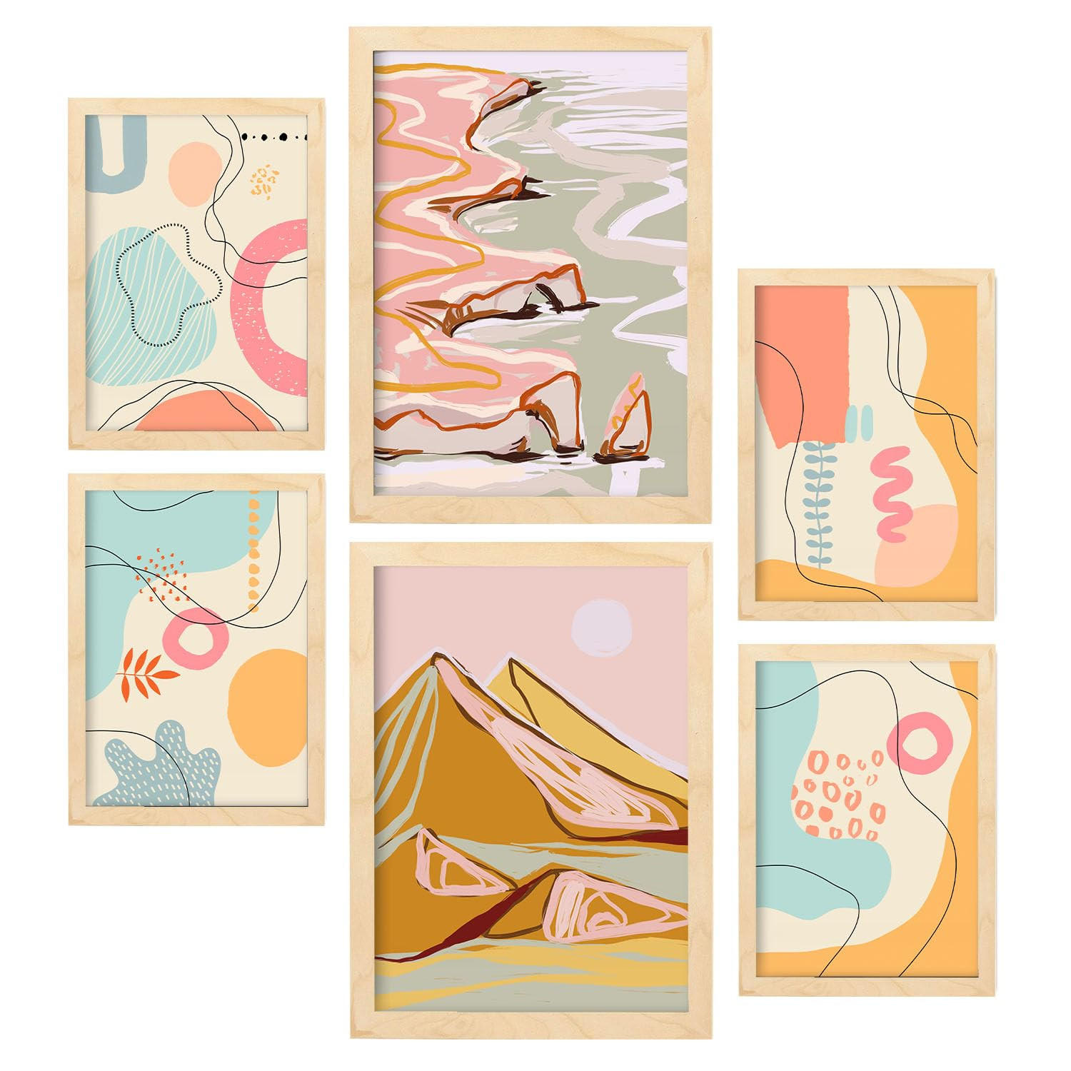 POSTER Set Mit 6 Linienufer In Kulissen Abstracts Ästhetische Dekorative Gemälde Für Ihr Wohnzimmer Zuhause A3 & A4 Rahmen Aus Hellem Holz - Beige, Papier (29/3cm) - Nacnic