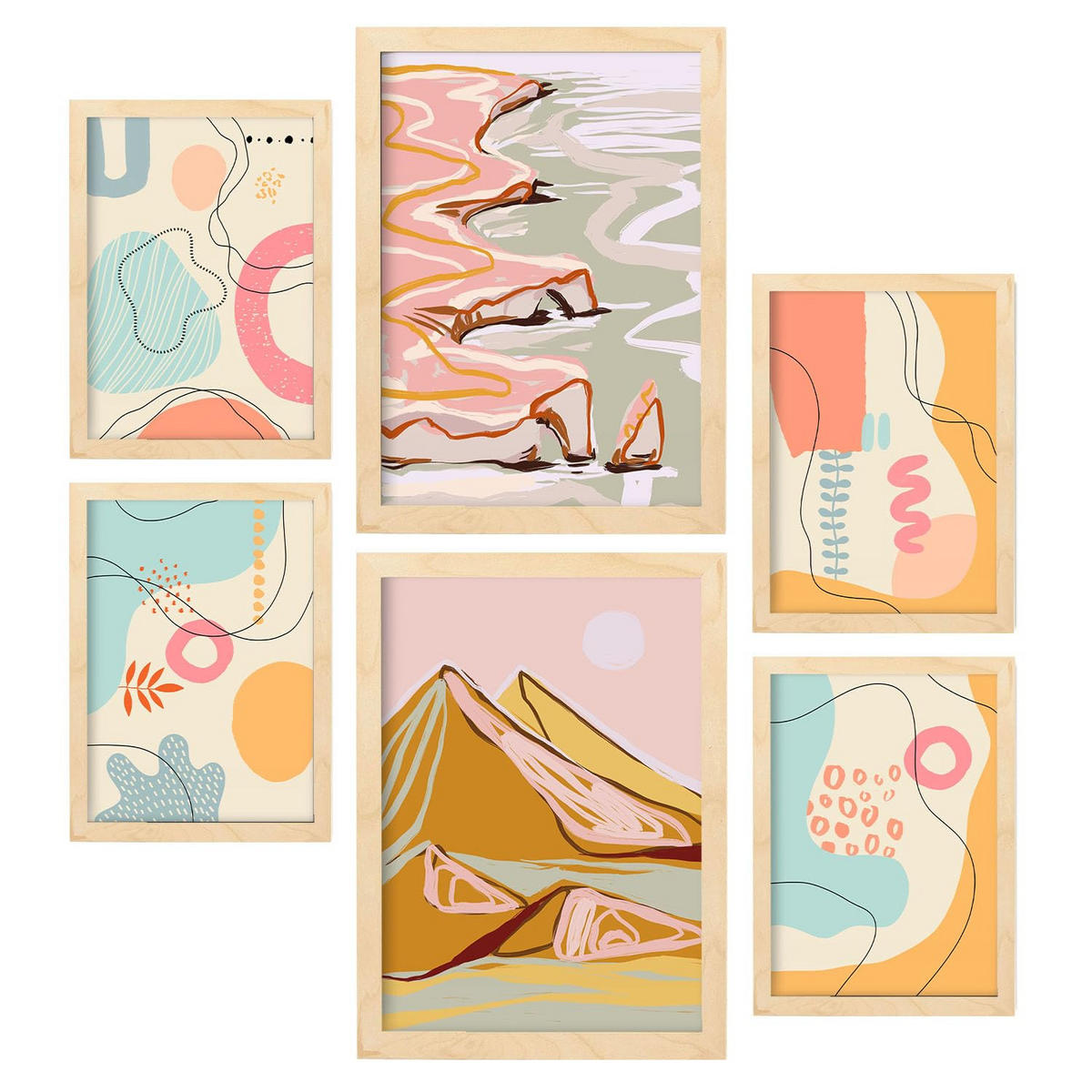 POSTER Set Mit 6 Linienufer In Kulissen Abstracts Ästhetische Dekorative Gemälde Für Ihr Wohnzimmer Zuhause A3 & A4 Rahmen Aus Hellem Holz - Beige, Papier (29/3cm) - Nacnic