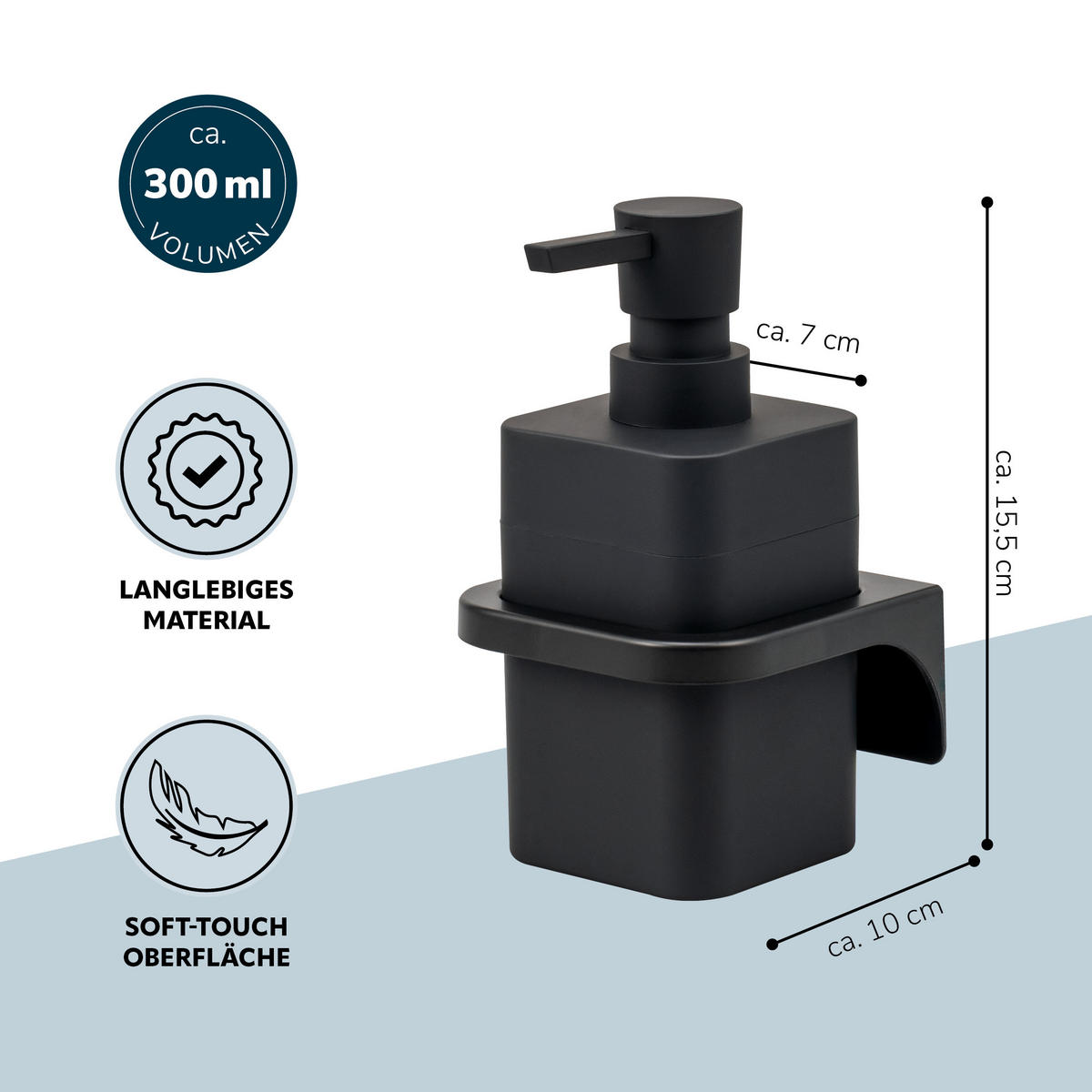 SEIFENSPENDER SAVONA Softtouch, schwarz, eckig - Schwarz, Kunststoff (9/15.5/10cm) - bremermann