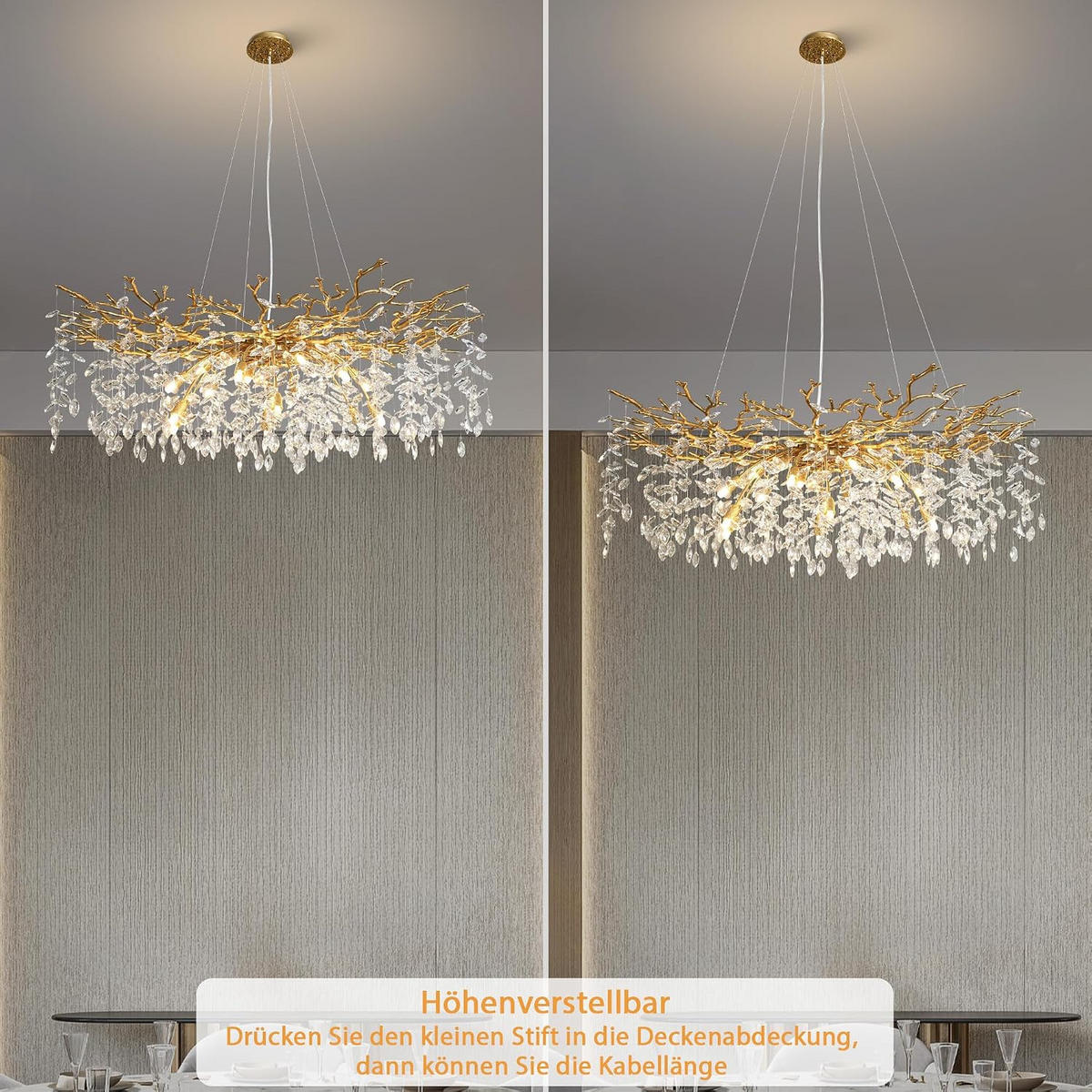 KRONLEUCHTER 120 cm K9‑Kristall Baumzweig Gold für Wohnzimmer und Schlafzimmer - Gelb, Naturmaterialien (78/43/38cm) - Surtime