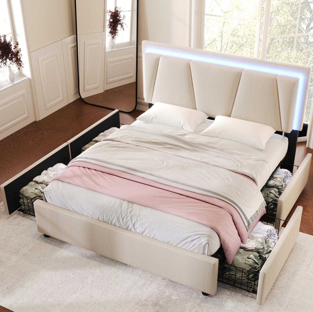 POLSTERBETT 160/200 cm Beige aus Holz mit LED-Beleuchtung - Beige, Holz (160/200cm) - OKMYHOME