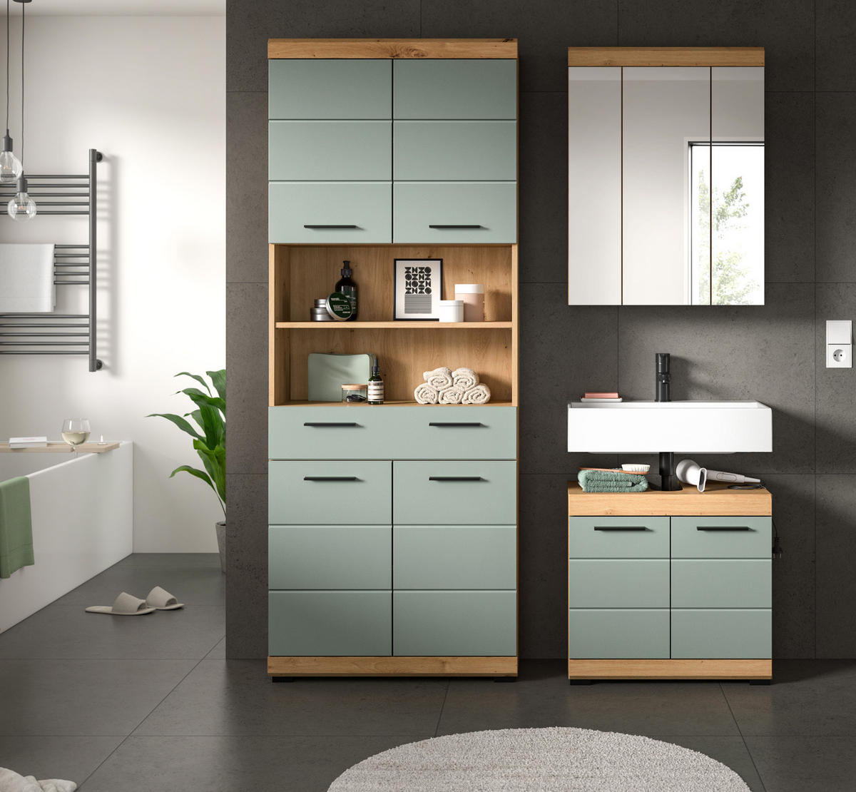 BADMÖBEL-SET Salbei grün, Artisan Eiche 3-teilig 149 cm, Badschränke mit viel Stauraum - Schwarz/Eiche Artisan, Glas/Holzwerkstoff (149/191/34cm) - Inn.Furn