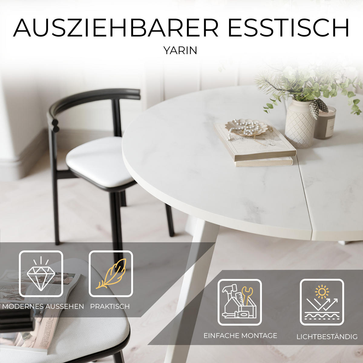 TISCH Weiße Beine, MDF Tischplatte, Marmor Bianco - Weiß, Holzwerkstoff (100/100/76cm) - Idohome