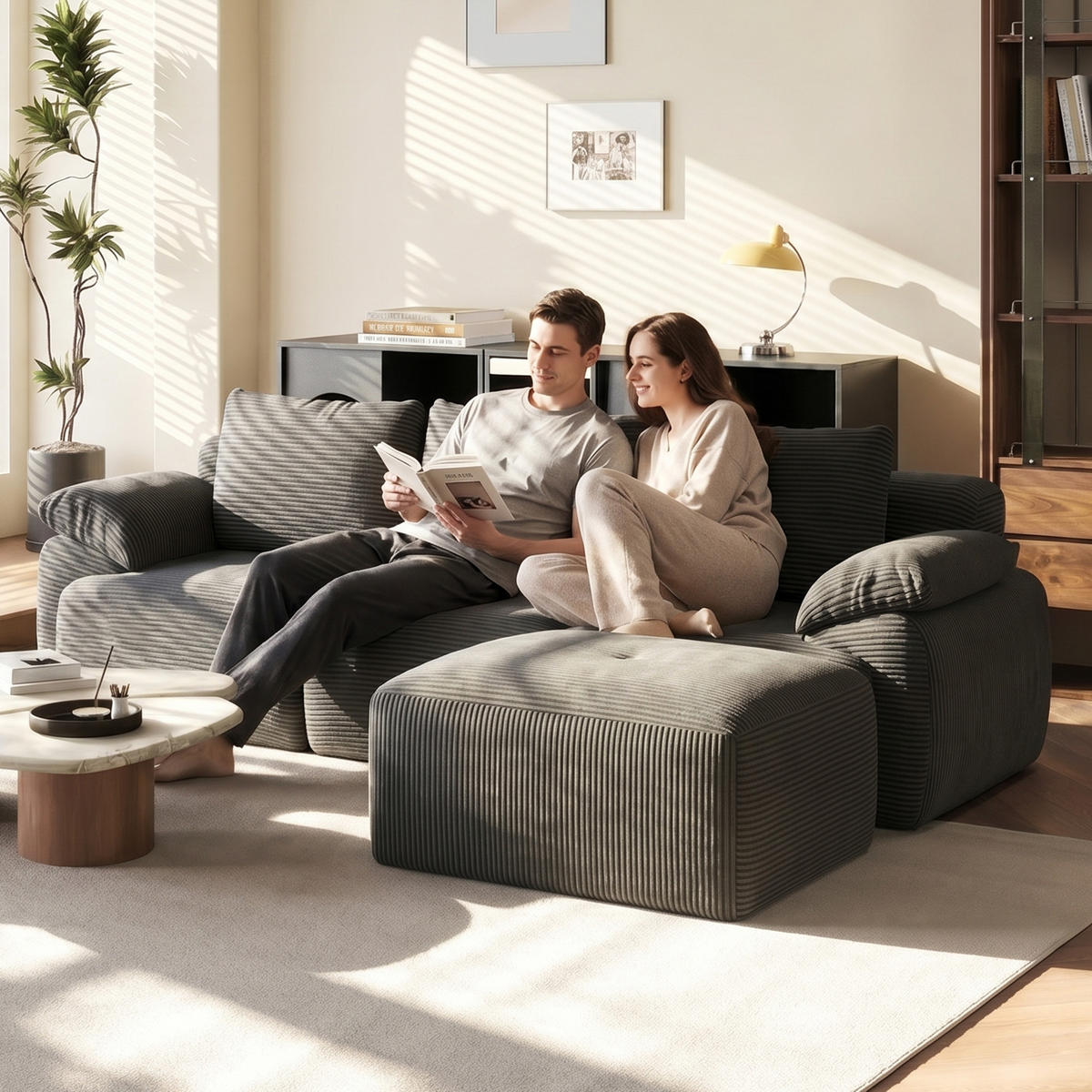 ECKSOFA,3-SITZER-SOFA,CORDSTOFF Stoffsofa L Form mit Hocker,Dunkelgrau - Grau, Textil (264/89cm) - PARAFTA HOME