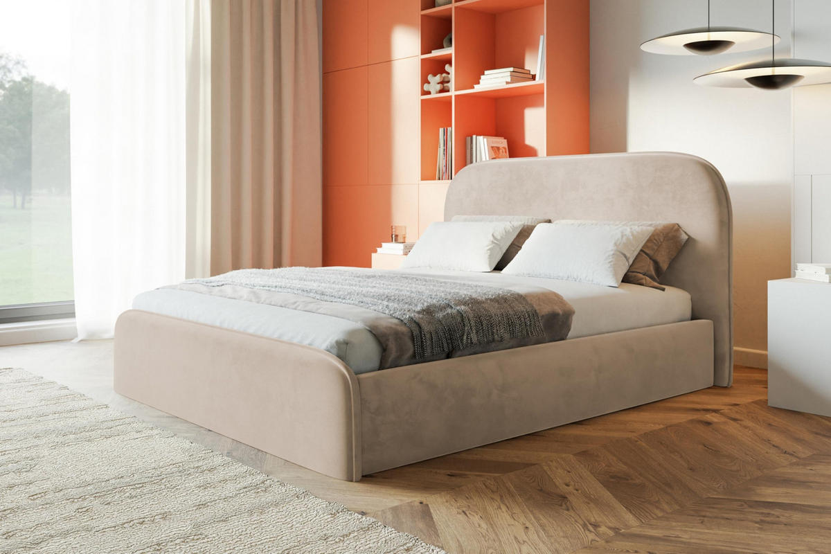 BETT 140x200 - Polsterbett mit Bettkasten und Holzrahmen - Modern Betten - Amor-Samtstoff - Kollektion Vienna - Beige - Beige, Holz/Textil (140/200cm) - Alpi-Möbel