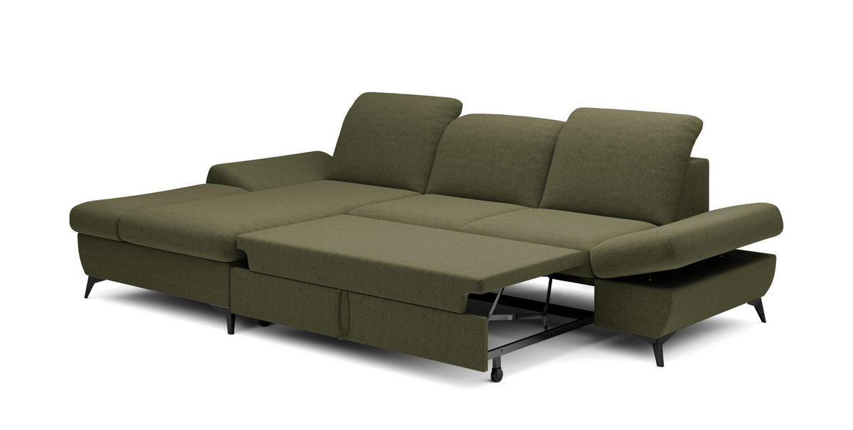 ECKSOFA FELICE L-S Olivgrün Geflochtener Stoff mit Schlaffunktion - Olivgrün, Holz (284/166cm) - MASSENO
