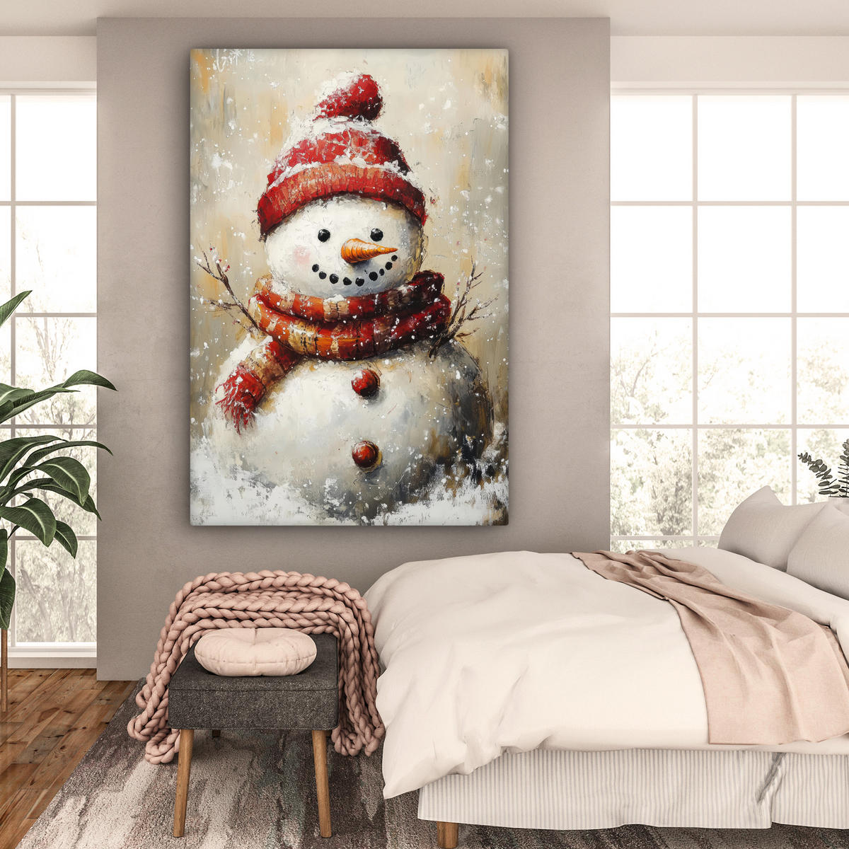 SLIKA NA PLATNU Snežak 90x140 cm - bela, tekstil (90/140cm) - MuchoWow