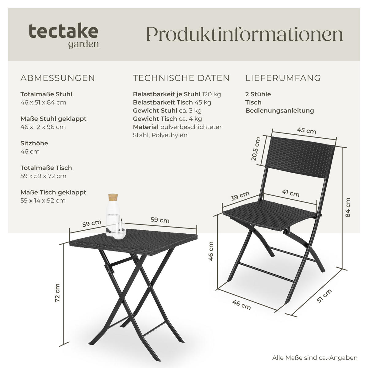 RATTANSET Trevi,geringes Gewicht,schwarz - Schwarz, Kunststoff - tectake