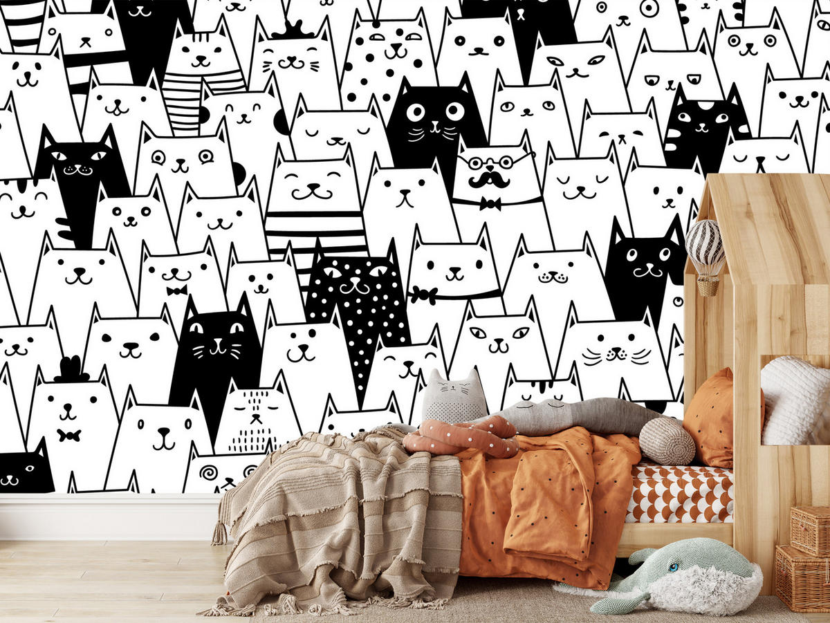 FOTOTAPETE für Kinderzimmer Schwarze Weiße Comic Katzen 350x256 - Schwarz/Weiß, Papier (350/256cm) - Muralo