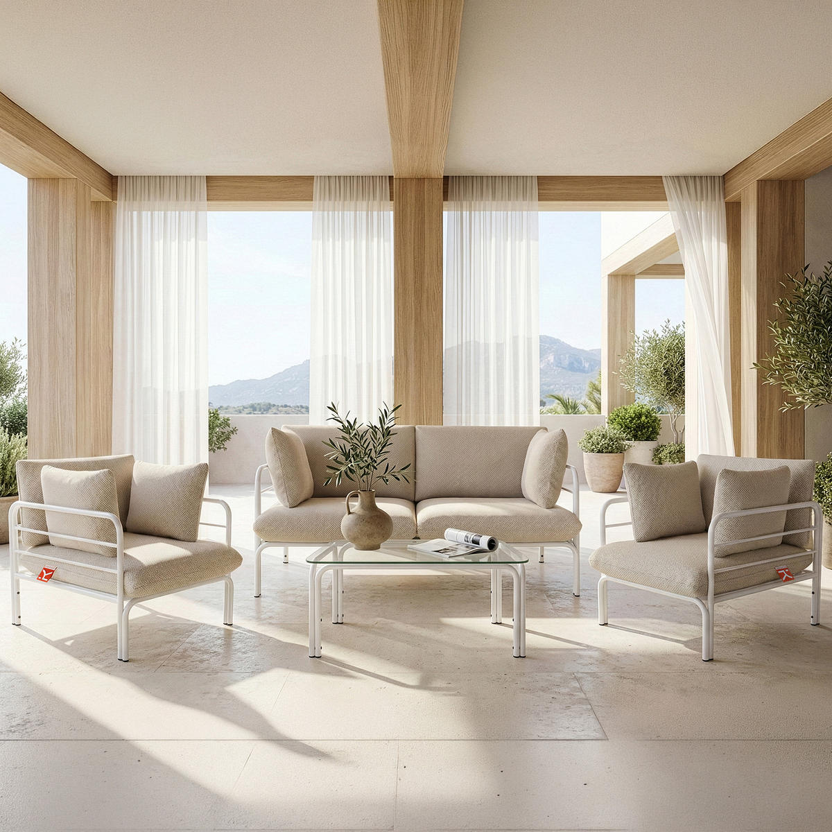 GARTENMÖBELSET RAMBE 4-tlg. 1x Tisch 2x Sessel 1x Sofa 2-Sitzer, mit Kissen, LOFT-STIL, Weiß - Beige/Weiß, Glas/Textil - KONSIMO®