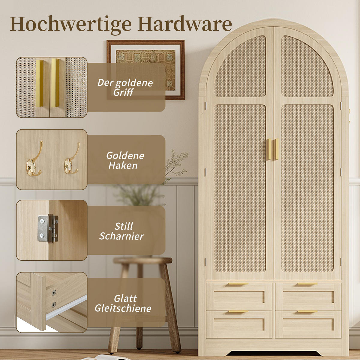 KLEIDERSCHRANK modern gebogene Türen Stauraum Kleiderstange Schubladen Luxus - Eichefarben, Holzwerkstoff (80/179/50cm) - FLIEKS