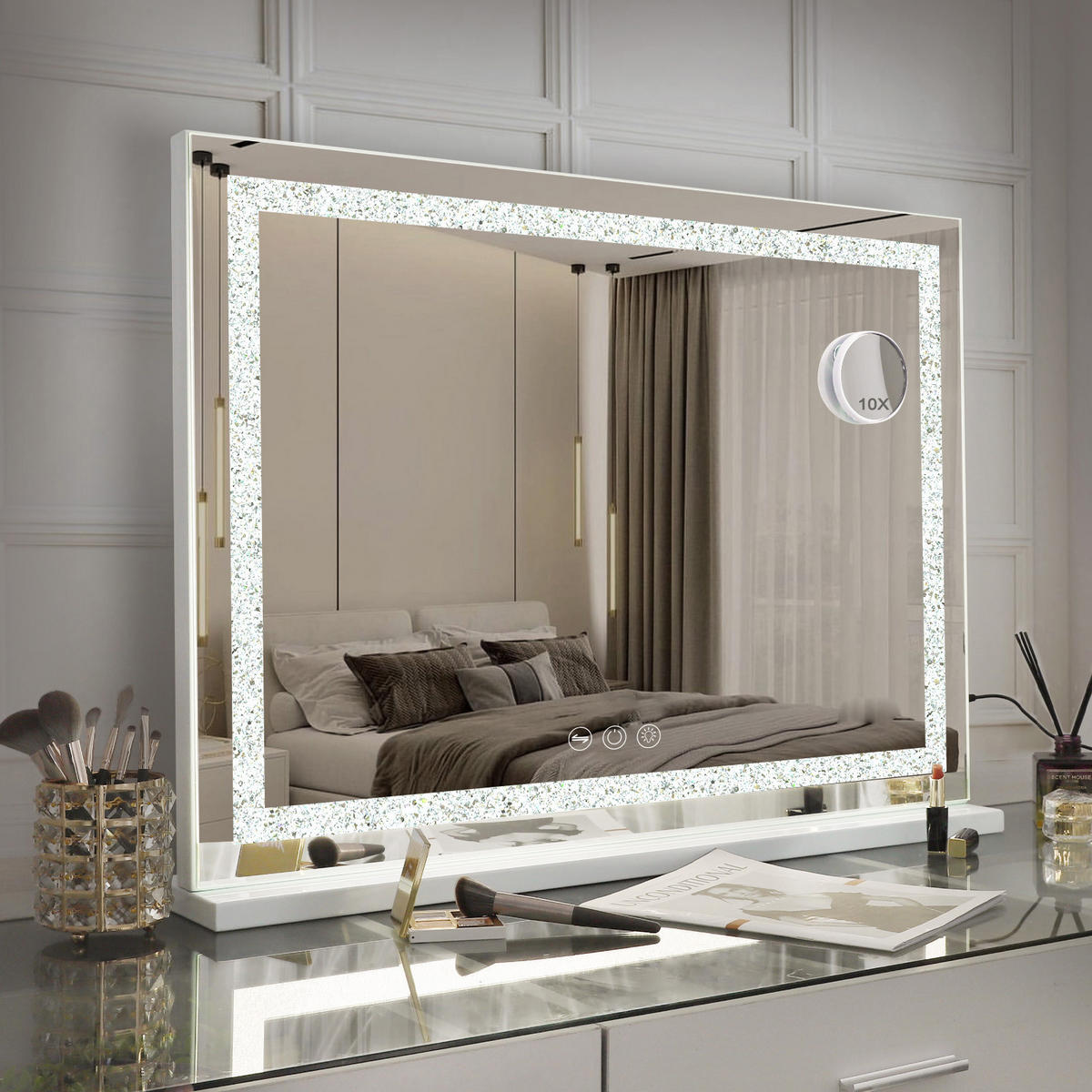 SCHMINKSPIEGEL mit Beleuchtung LED Lichtleiste gestreute Diamanten weiß 80/58 cm - Weiß, Metall (80/58/3cm) - VANITII