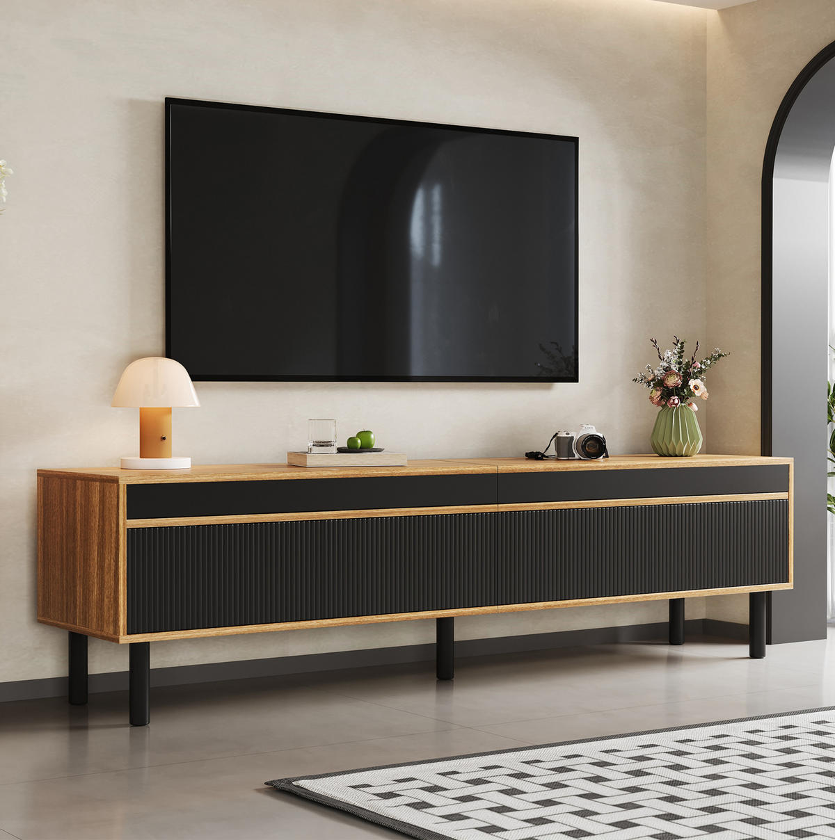TV stolek 170/38/47 cm s 4 dvířky a bezúchytkovým otevíráním, Černá a přírodní - černá, kompozitní dřevo (170/47/38cm) - Redom