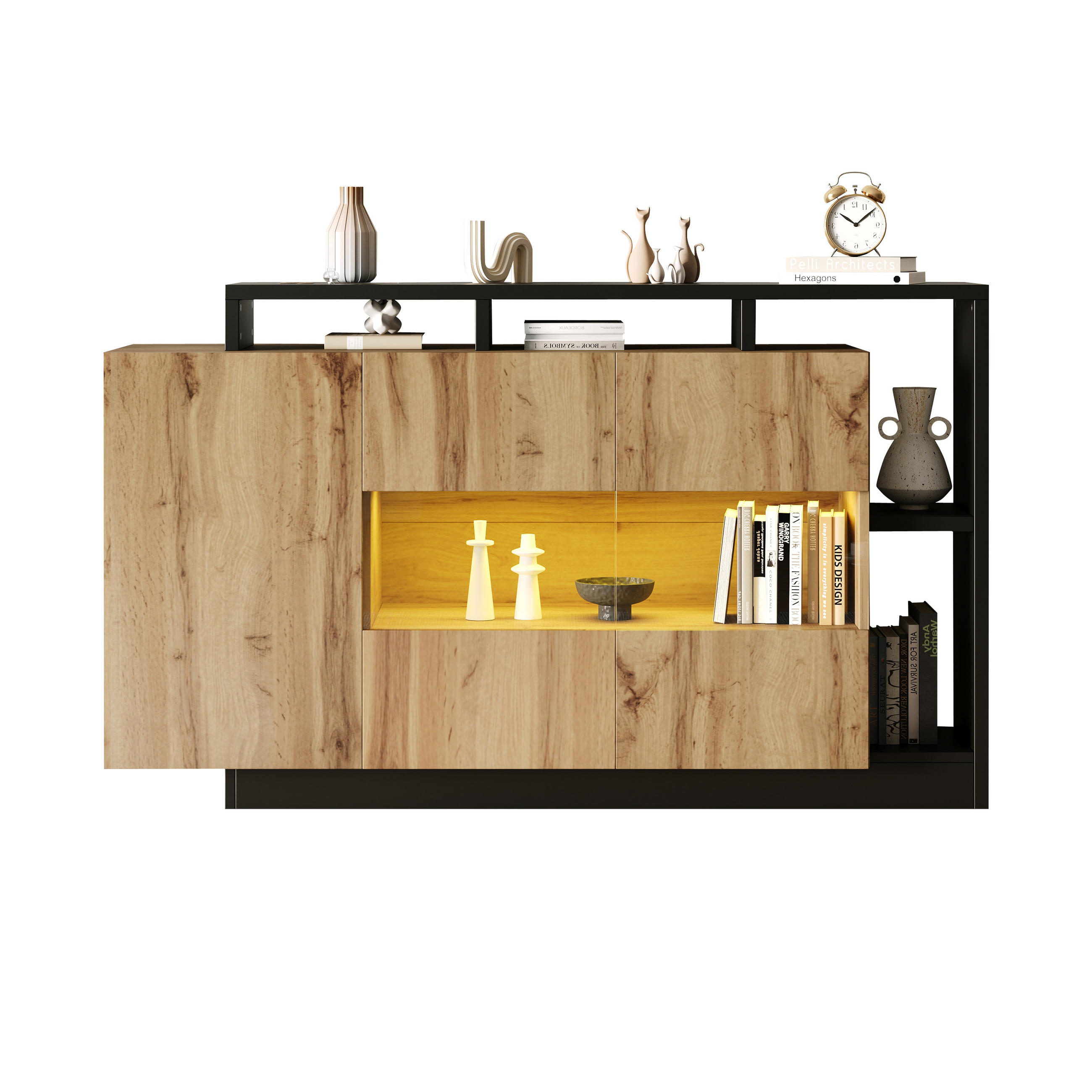 SIDEBOARD in Holzoptik 140/44/94 cm aus MDF mit LED-Beleuchtung, Bluetooth-Steuerung, und Stauraum - Naturfarben, Holzwerkstoff/Kunststoff (140/94/44cm) - CHICFURN
