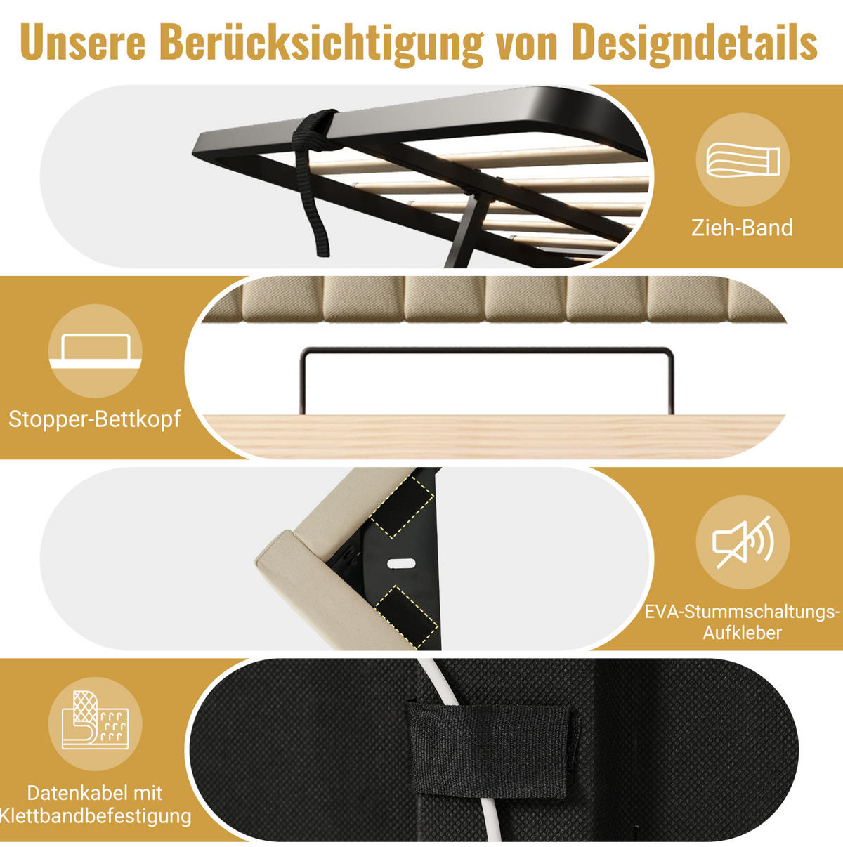 POLSTERBETT aus Leinen 90x200 cm in Beige mit LED & USB/Typ-C - Beige, Textil (90/200cm) - Modfu