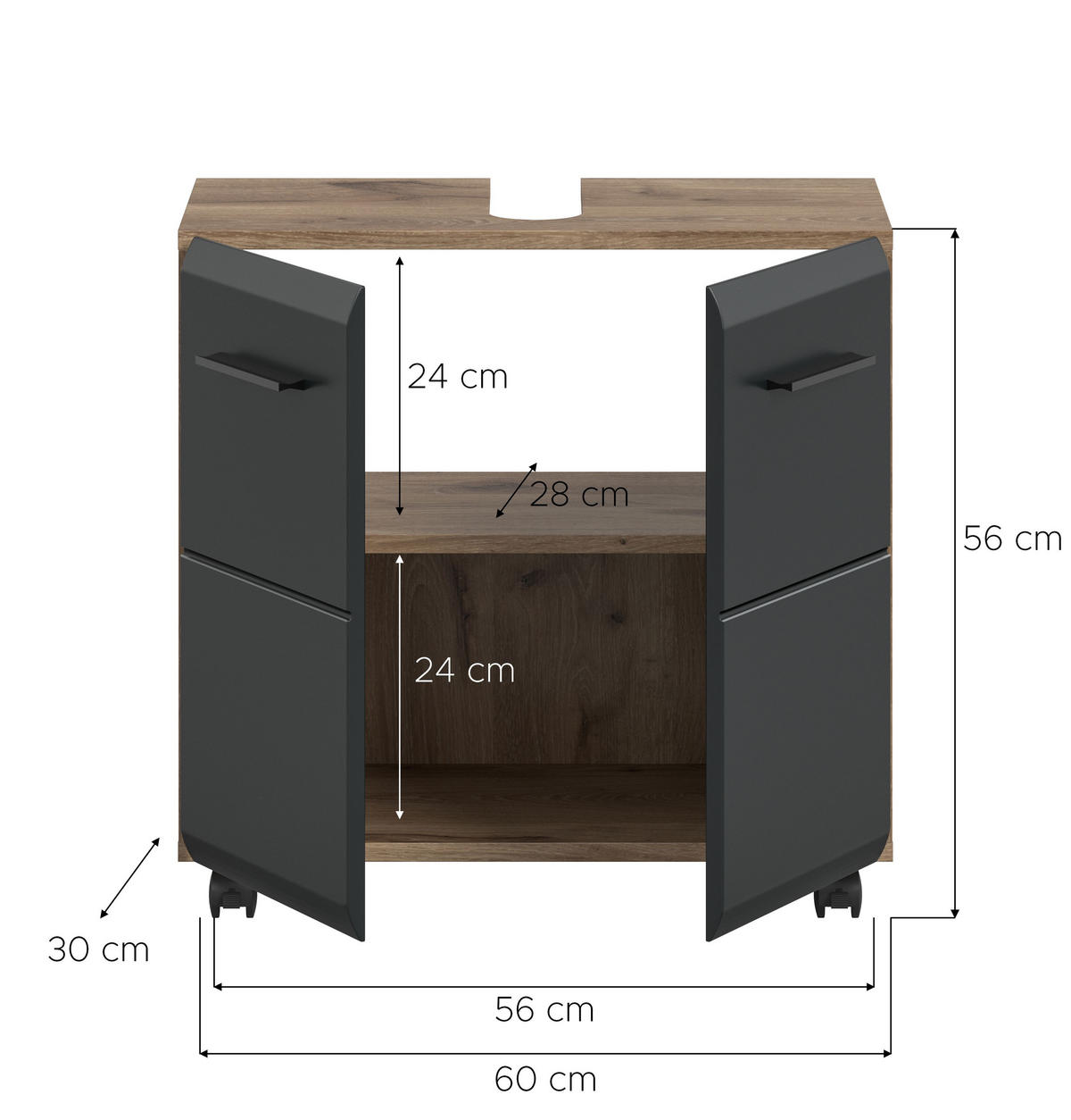WASCHBECKENUNTERSCHRANK auf Rollen ICE (B/H/T: ca. 60/58/30 cm) in Nox Oak Nachbildung/schwarz matt - Eichefarben, Holzwerkstoff (60/58/30cm)