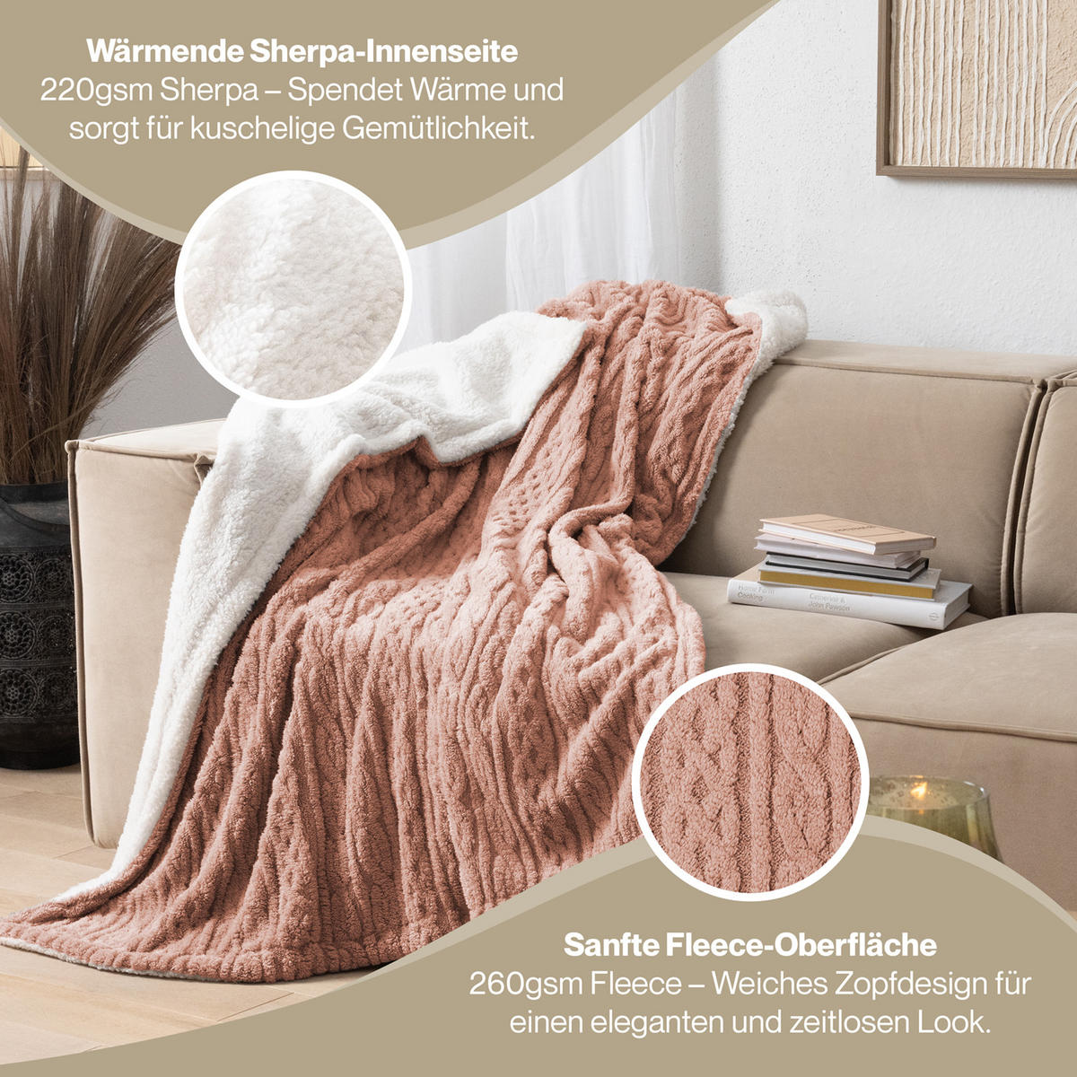 KUSCHELDECKE 150x200 cm mit Zopfstrick-Optik, Pink - Pink, Textil (150/200cm) - Blumtal