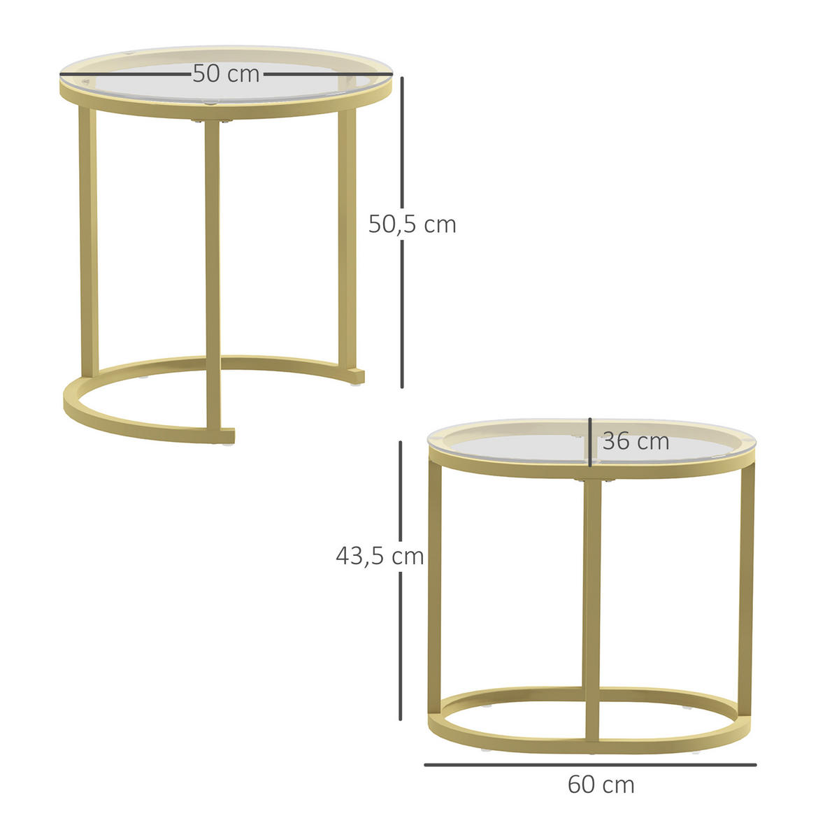 COUCHTISCH rund 2er Set Stapelbarer Beistelltisch mit Stahlrahmen für Wohnzimmer - Goldfarben, Metall (50/50/50.5cm) - HOMCOM
