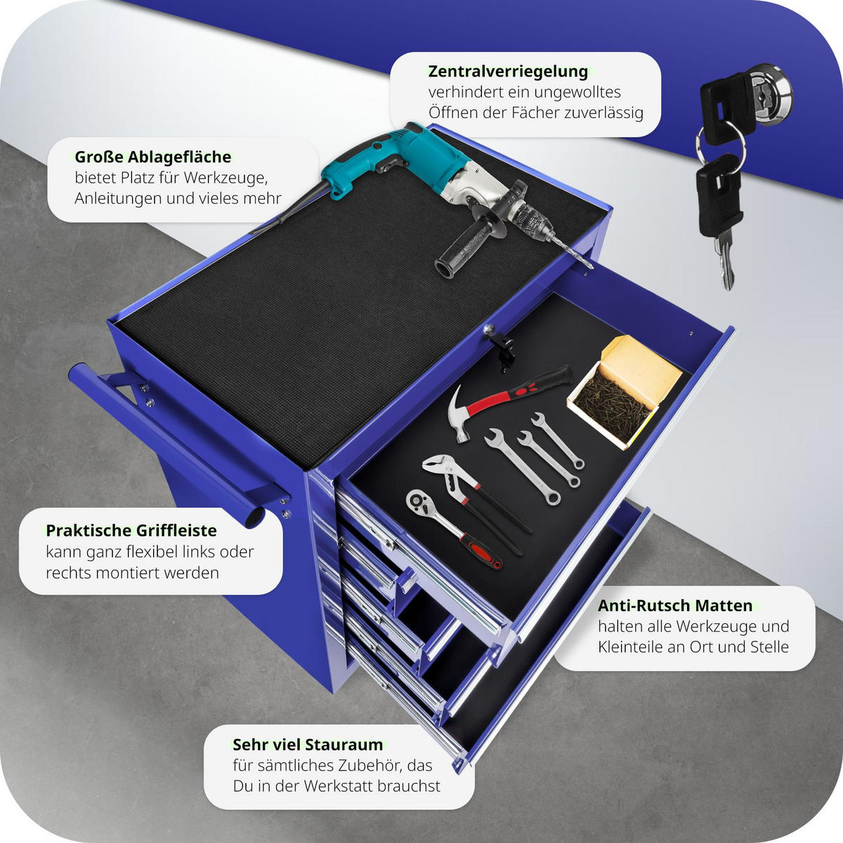 WERKZEUGWAGEN ,Rollen Ø 100 mm,blau - Blau, Metall (33/79/69cm) - tectake