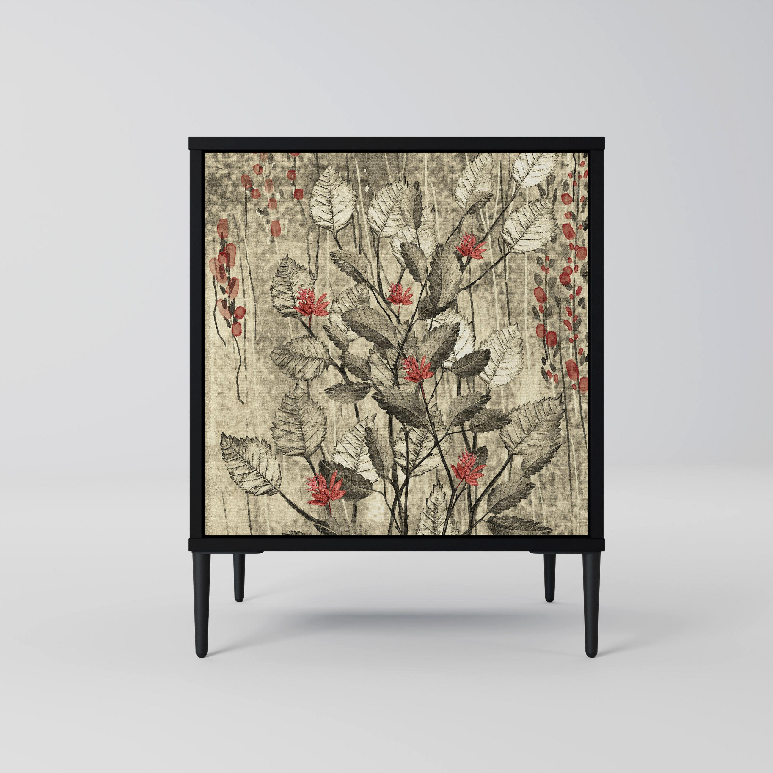 SIDEBOARD HERBAL GRACE, Schwarz, 57,5x42x72,5 cm, Schwarze Metallfüße - Multicolor/Schwarz, Holzwerkstoff/Metall (57.5/72.5/42cm) - SpaceRebels