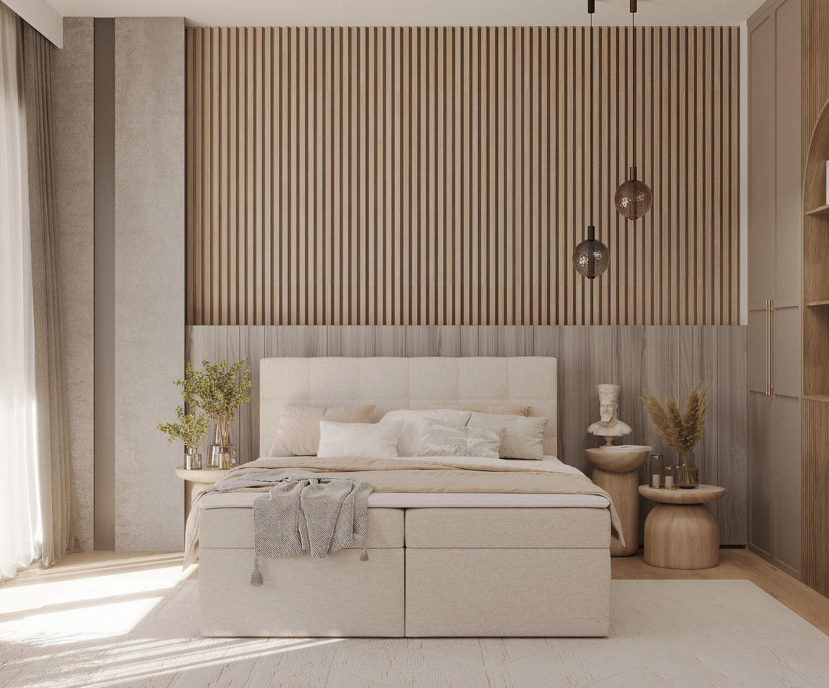 BOXBETT Lean 160/200 cm Hellbeige im Megan Stoff - Sandfarben/Schwarz, Holz/Holzwerkstoff (160/200cm) - AltaBeds