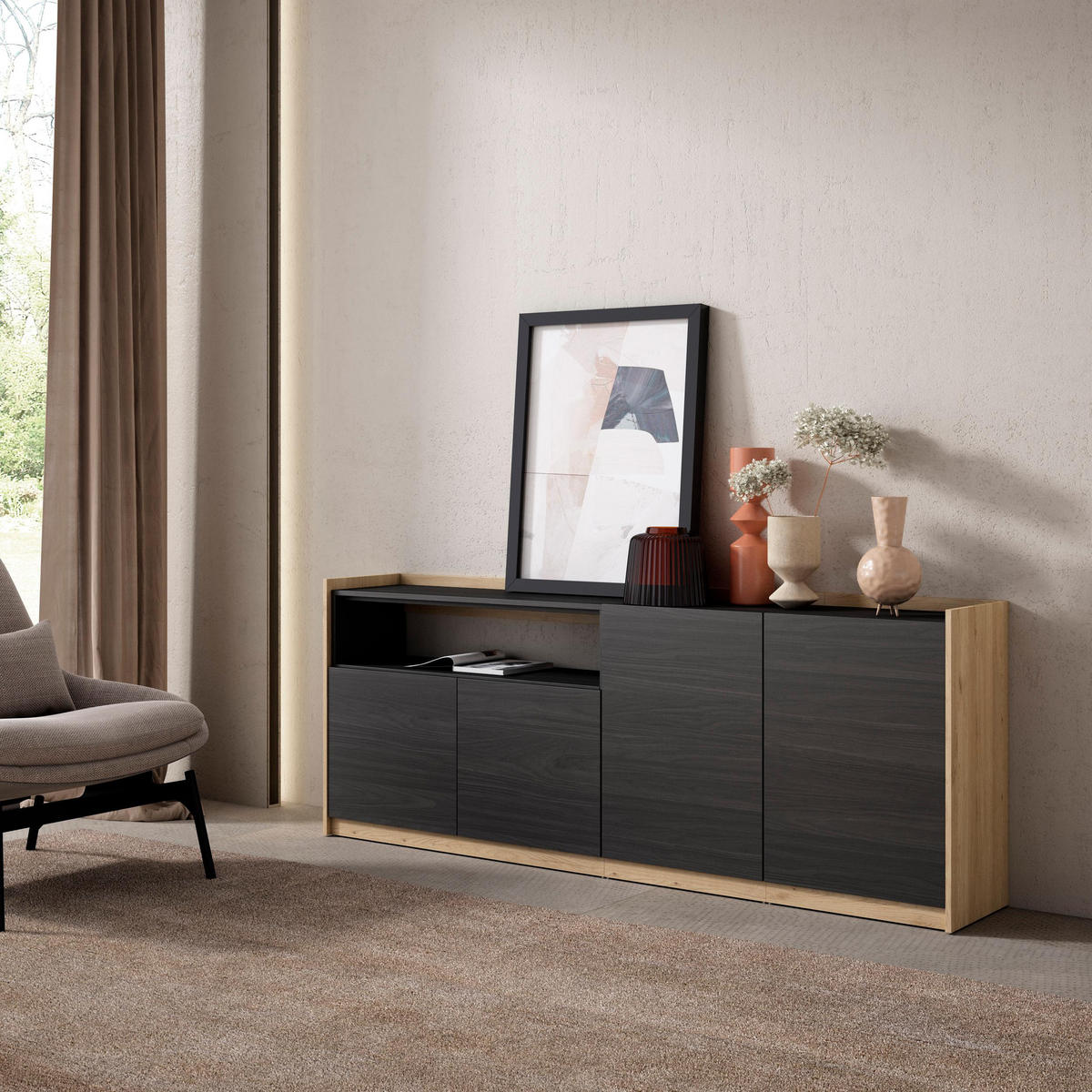SIDEBOARD, Highboard, Schwarz Eiche, 207/37/80cm - Schwarz, Holzwerkstoff (207/80/37cm) - Skraut Home