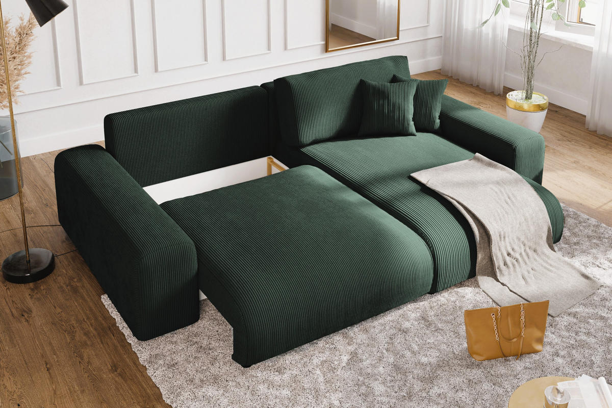 ECKSOFA mit Schlaffunktion, Bettkasten, Wellenunterfederung, seitenverkehrt montierbar B255/T165/H84 cm, Liegefl. 148x196 cm, Cord Grün / 21005 - Schwarz/Grün, Kunststoff/Textil (255/165cm) - luma-home