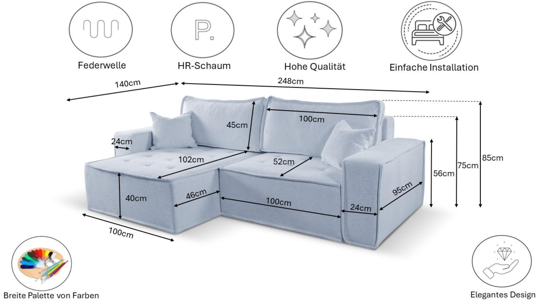 ECKSOFA Bohoo Mit Schlaffunktion Hellgrau Rechts - Hellgrau, Holz (248/140cm) - Kaiser Möbel