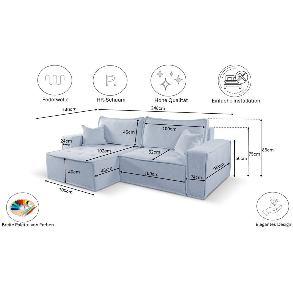 Thumbnail - Kaiser Möbel Ecksofa, Hellgrau, Holz, L-Form, 248x140 cm, Wohnzimmer, Sofas & Couches, Wohnlandschaften, Ecksofas