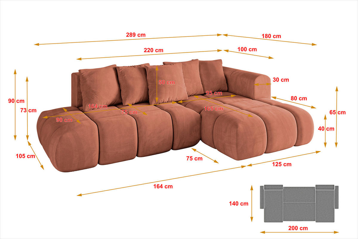 ECKSOFA Ottomane Rechts CLOUD-L-v1 289x180x40 Apricot Velours - Koralle, Holzwerkstoff/Kunststoff (289/180cm) - ALTDECOR