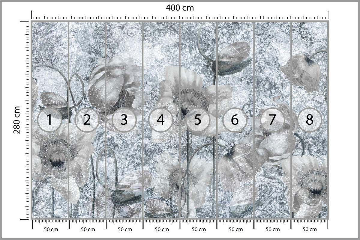 FOTOTAPETE für Wohnzimmer Grau Mohnblumen Beton Blumen Blätter 400x280 - Grau, Papier (400/280cm) - Muralo