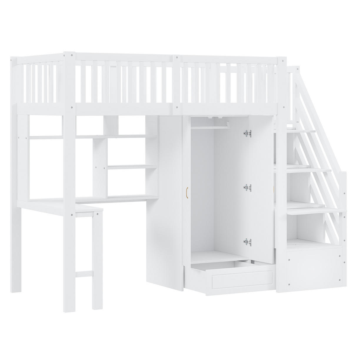 HOCHBETT 90/200 cm Weiß mit Kleiderschrank Tisch Stauraum Treppe aus Holz - Weiß, Holz (90/200cm) - OKWISH