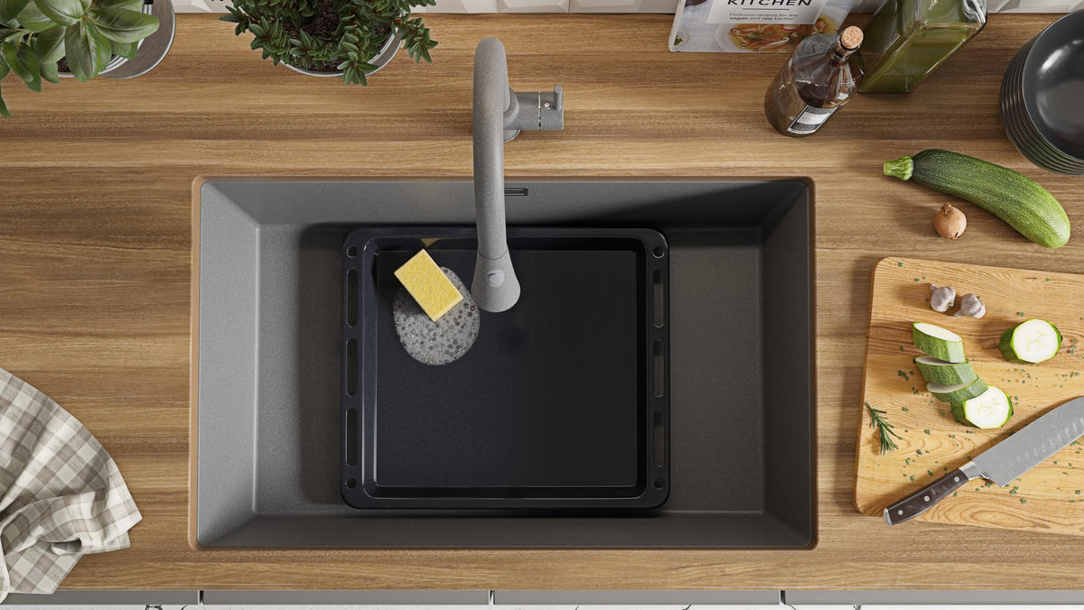 UNTERBAUSPÜLE GRANIT London, 2-er set Grau 76/47 cm 1 Becken + Küchenarmatur 40/20 cm + Ablauf-Set ab 80er Unterschrank - Grau, Kunststoff (76/20/47cm) - Primagran