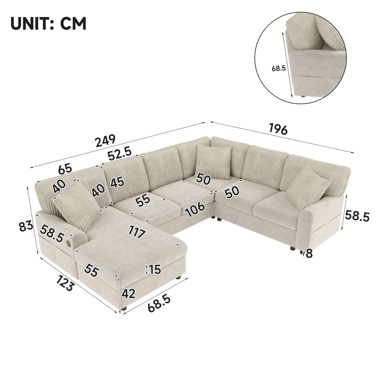 WOHNLANDSCHAFT mit U-Form, Chaise longue, USB und Type-C in Beige - Beige, Textil (249/83/196cm) - EVRYAE