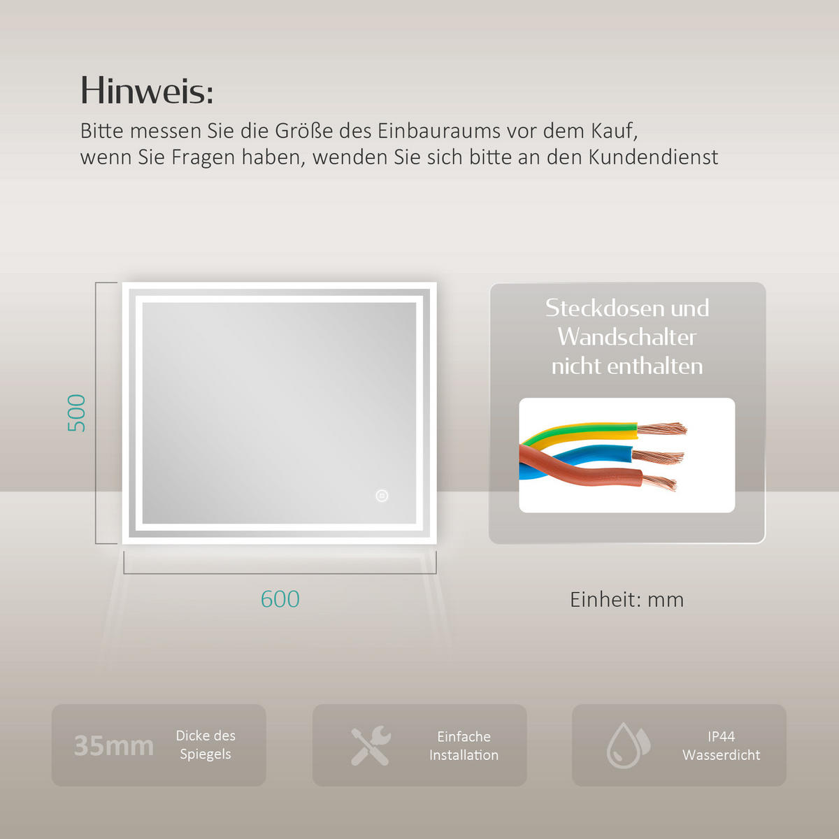 BADSPIEGEL mit Beleuchtung 60/50/3,5 cm - Weiß, Glas (50/3.5/60cm) - EMKE