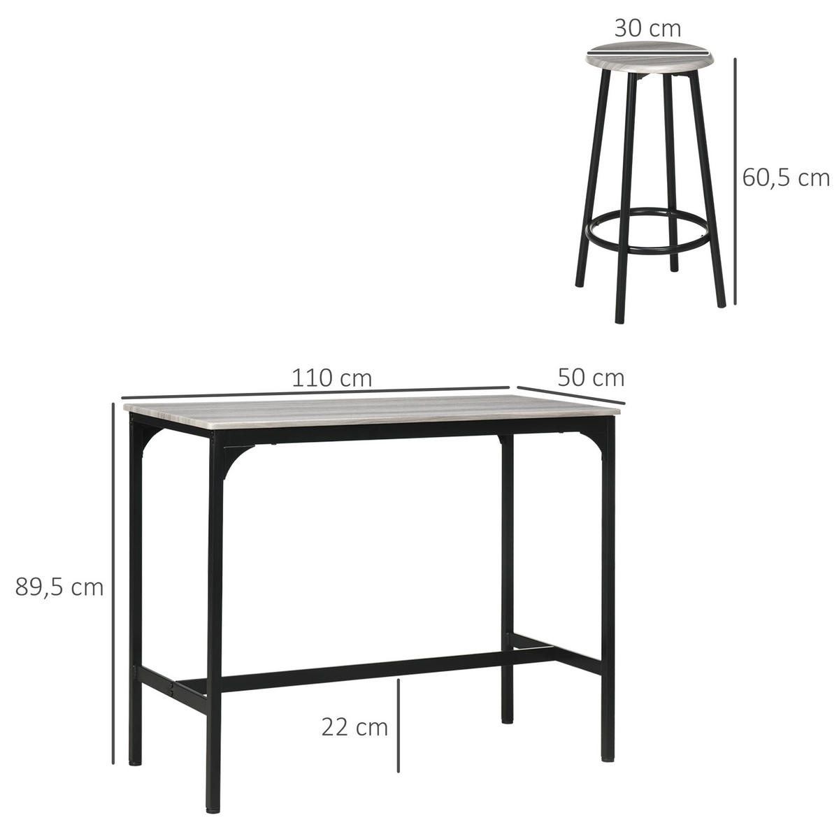 BARTISCH mit Barhocker Set, 5-tlg. Bartisch-Set, Küchentisch mit 4 Barhocker - Grau, Holzwerkstoff (50/89.5/110cm) - HOMCOM