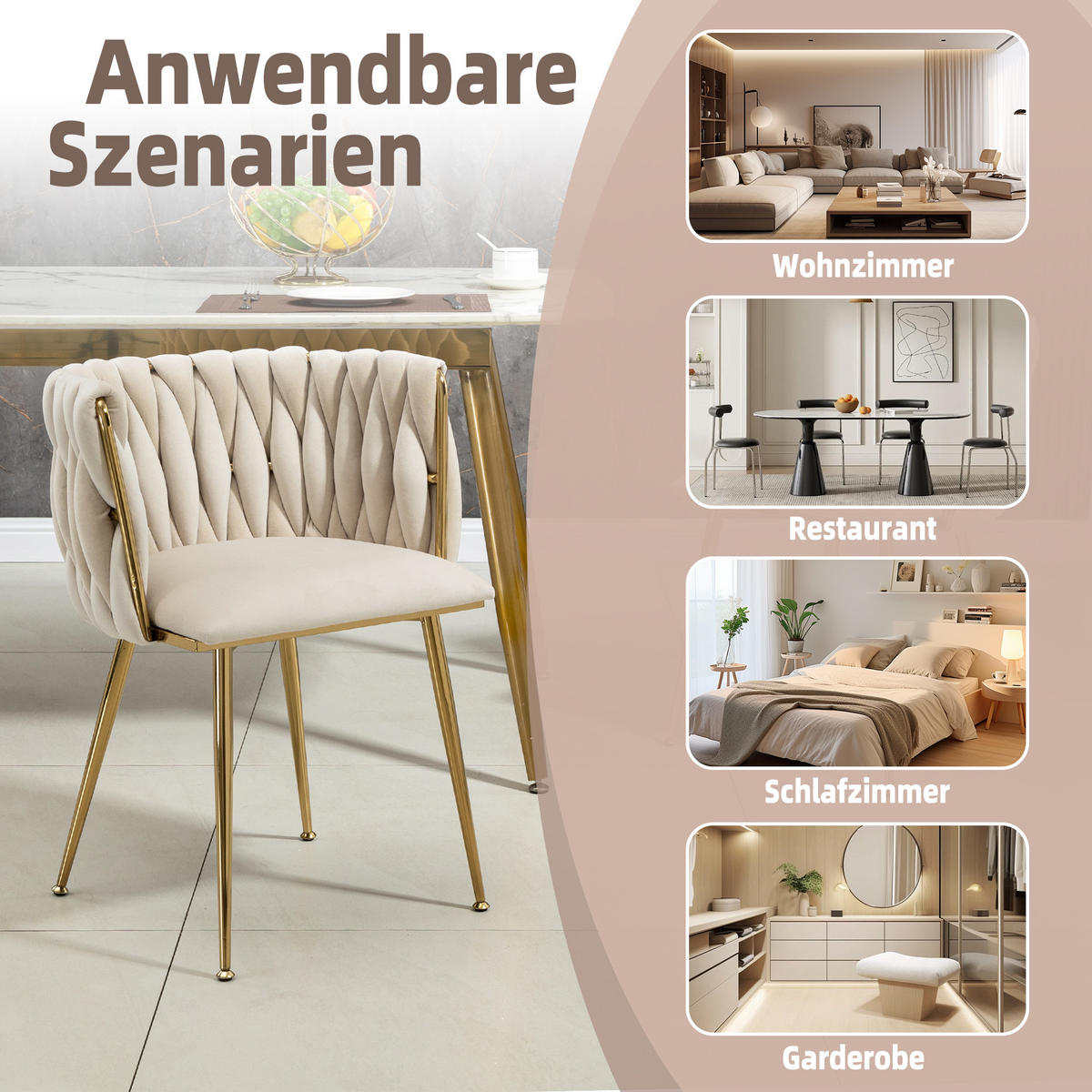 ESSZIMMERSTÜHLE 2er Set Samtbezug mit Metallrahmen - Beige/Goldfarben, Textil/Metall (55.5/74/50cm) - LVHOM