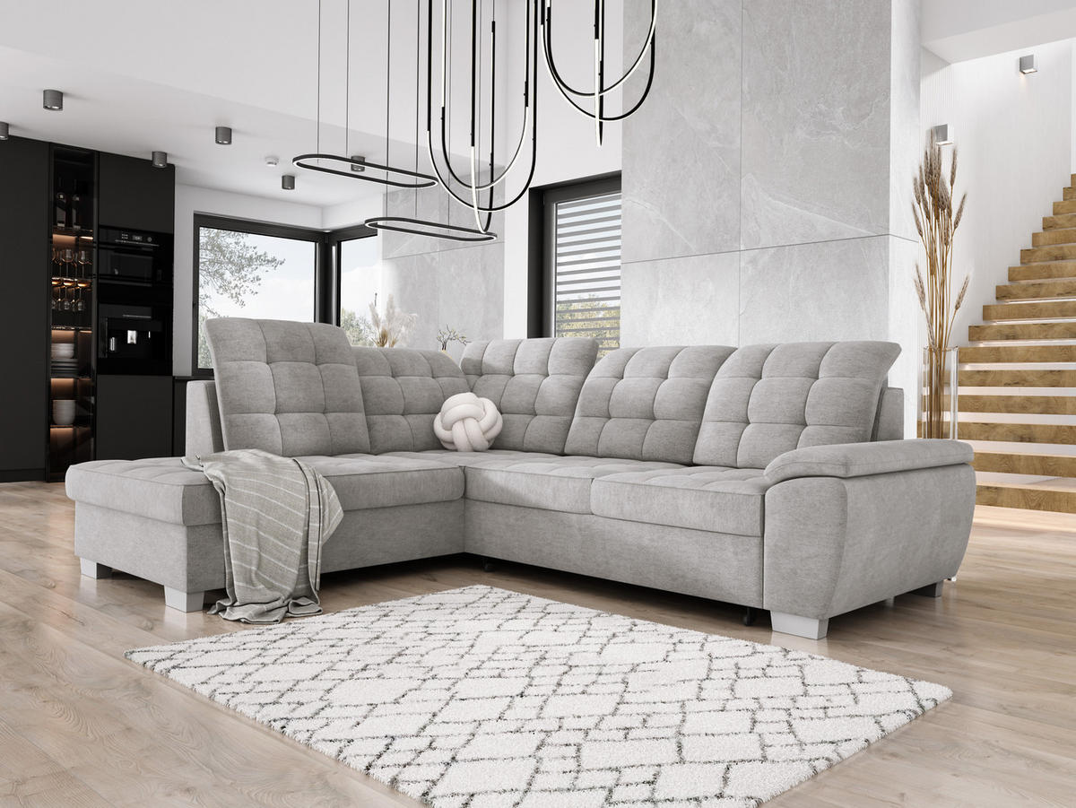 ECKSOFA LOTTA L-förmig Bettkasten verstellbare Kopfstützen hochwertige Verarbeitung lose Rückenkissen freistehend LINKS 212x258x106 cm Stainless steel - Edelstahlfarben, Holz/Textil (212/258cm) - DomoHome