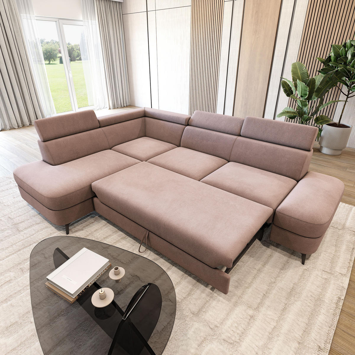 ECKSOFA AVISE MV L-S Rosa Velours-Stoff mit Schlaffunktion - Rosa, Holzwerkstoff/Textil (268/195cm) - MASSENO