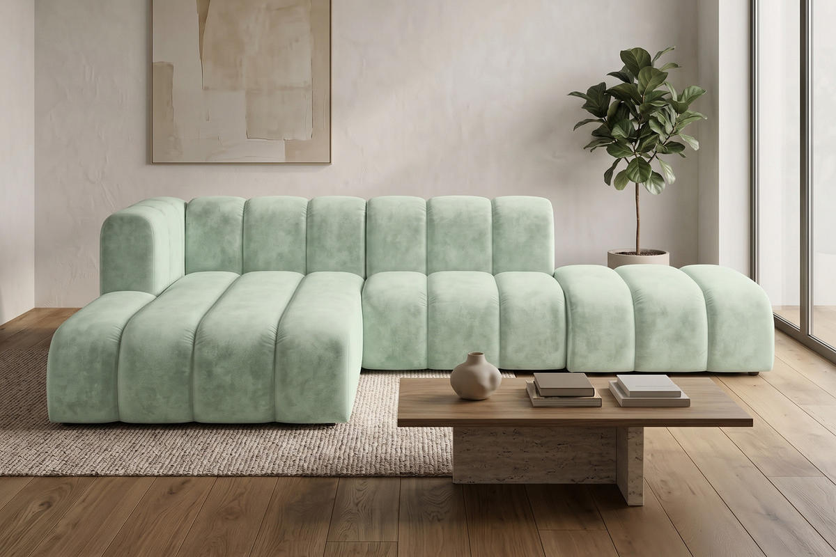 ECKSOFA Modulares In L-Form Mit Hocker, Velvet-Stoff Riviera, Mintz, Links, GRAND Mini - Mintgrün, Holz (295/179cm) - Kaiser Möbel