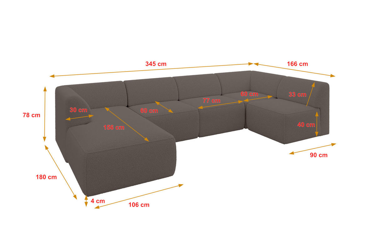 WOHNLANDSCHAFT Ottomane Links MOVO-L 345x180x78 cm Braun Bouclé - Braun, Holzwerkstoff/Kunststoff (345/78/180cm) - ALTDECOR