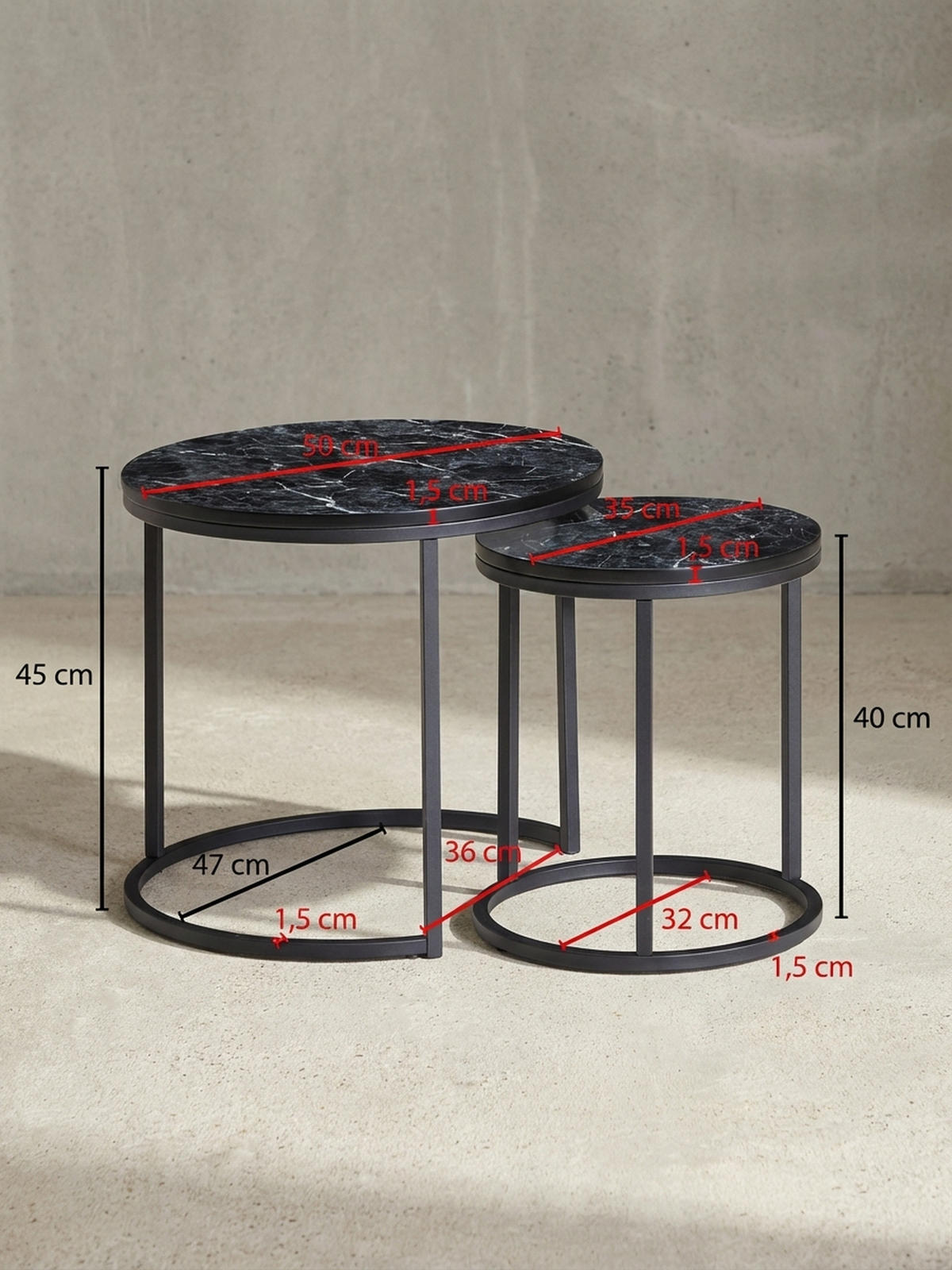 BEISTELLTISCH 2er Set Marmoroptik Metall Modern, Schwarz 50x50x45 cm - Schwarz, Holz/Metall (50/50/45cm) - KADIMA DESIGN