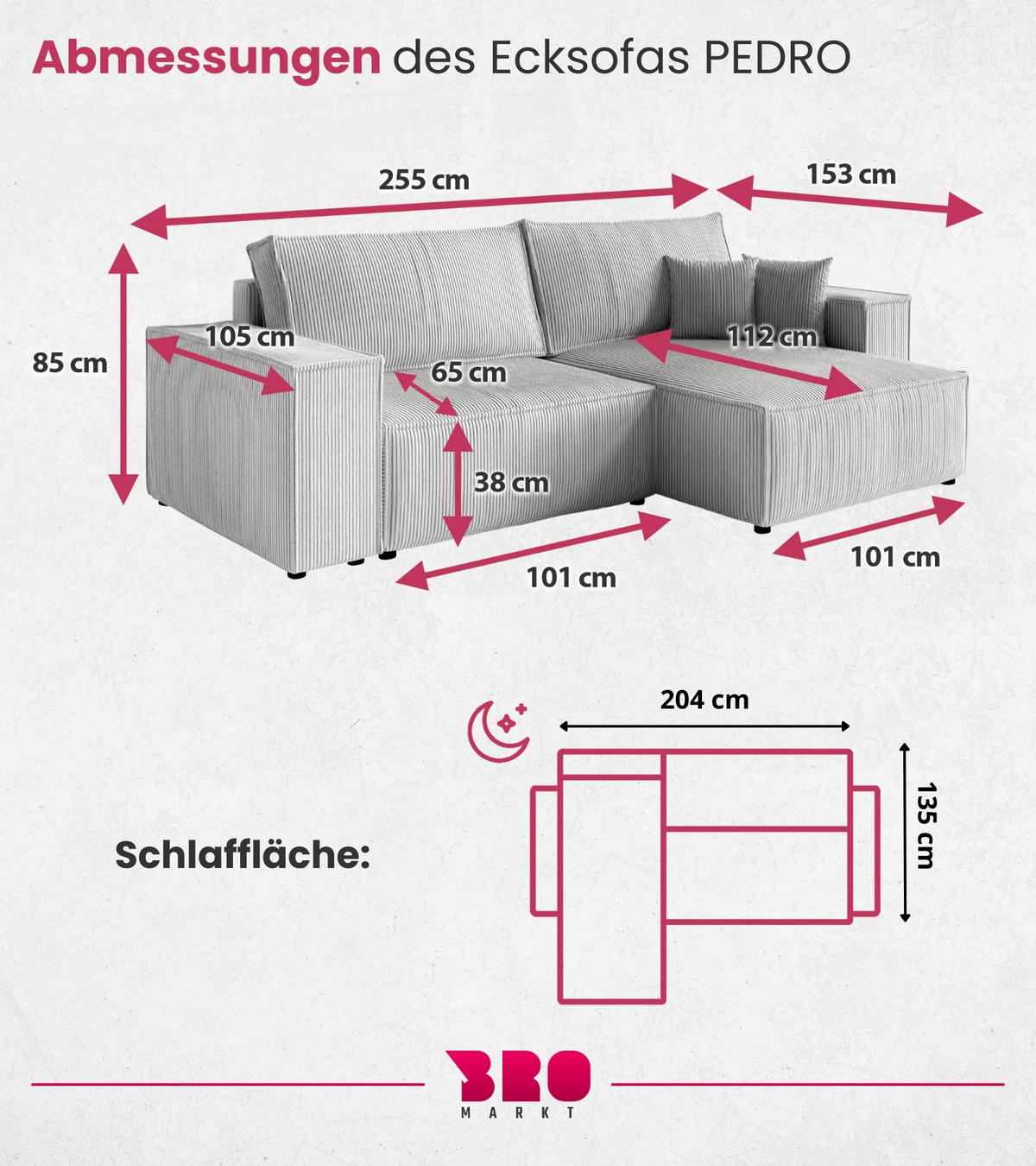 ECKSOFA Pedro mit Schlaffunktion Schwarz Cord - Schwarz, Textil (255/153cm) - Bromarkt